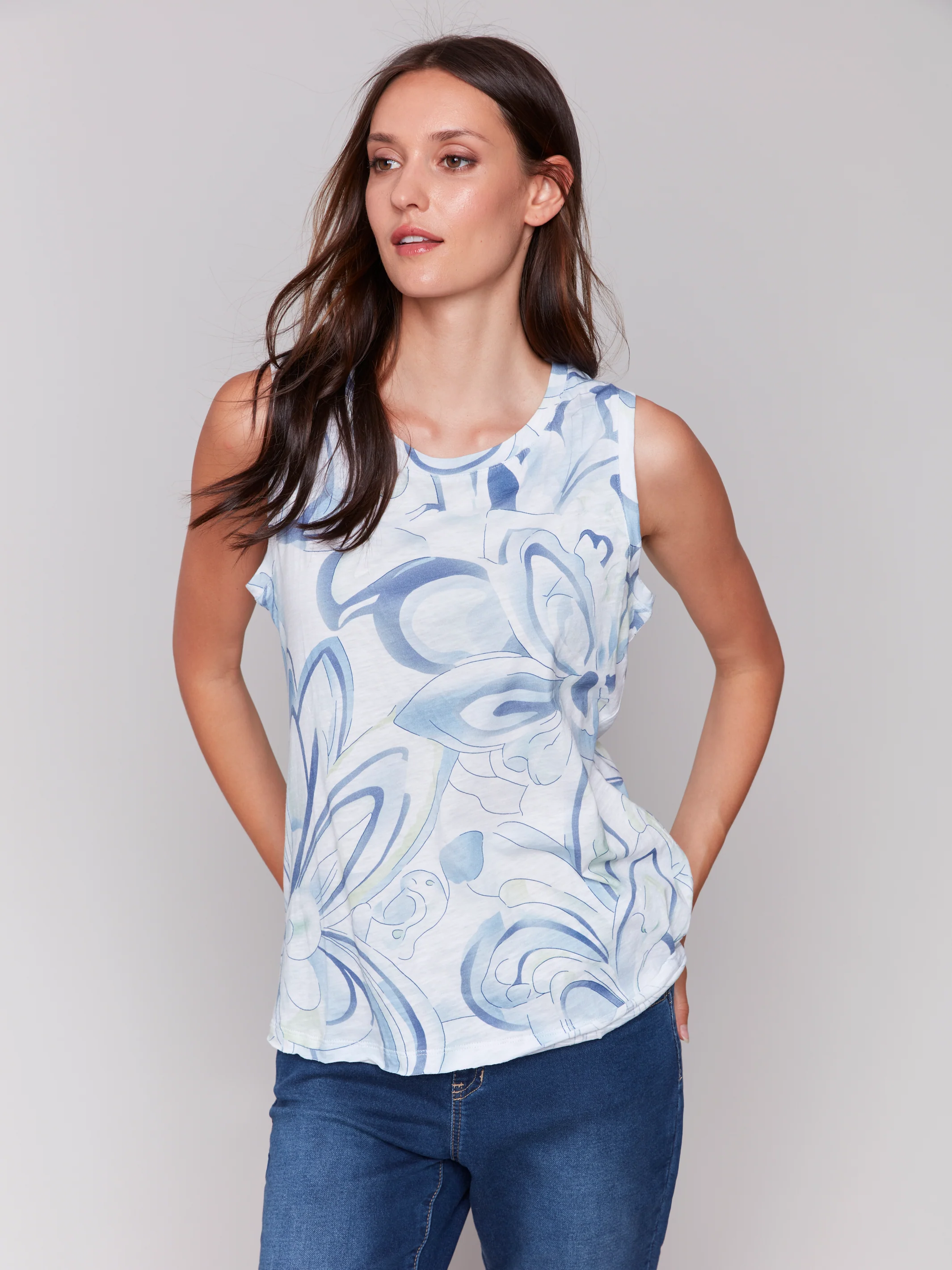 Charlie B -C1313YPK-P842-Printed Sleeveless Round Neck Cotton Slub Top-Swirls - Image 3