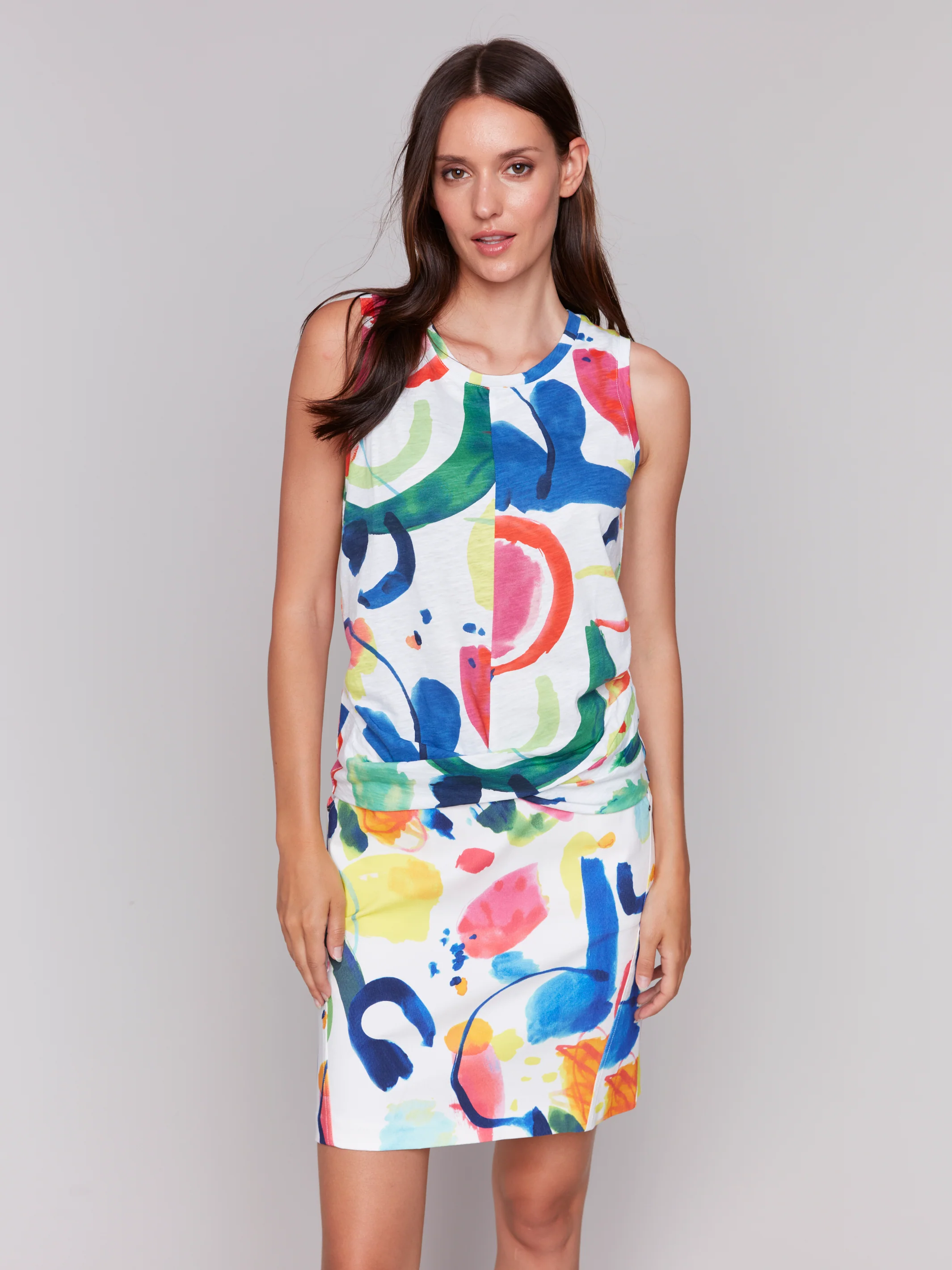 Charlie B -C1365HPK-P634-Printed Sleeveless Top W/Knot Detail-Abstract - Image 2