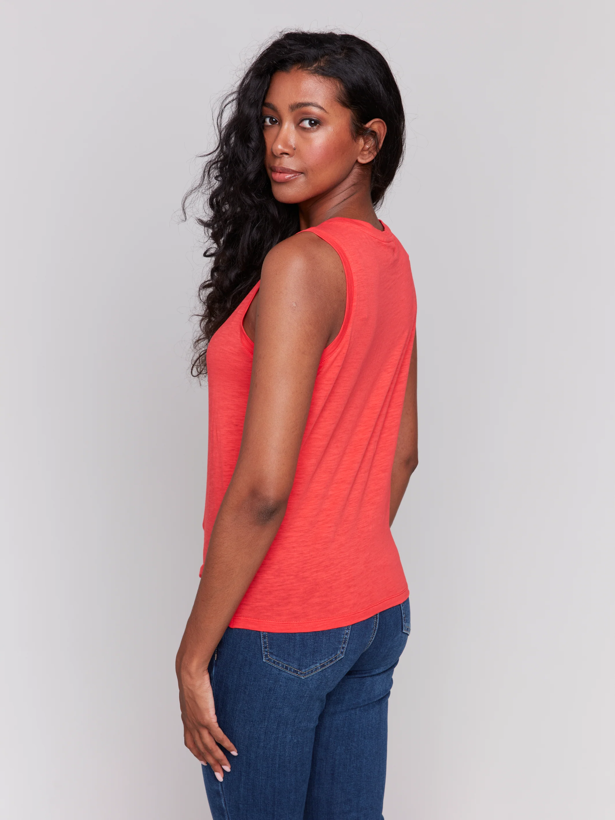 Charlie B -C1365PPK-332-Printed Cotton Slub Tank Top W/Knot Detail-Fiesta - Image 5