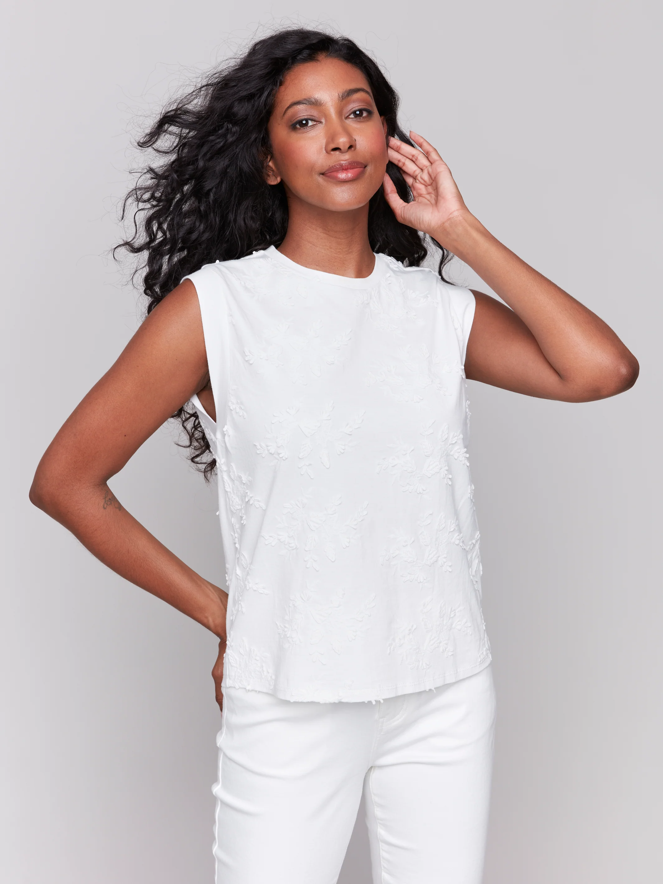 Charlie B -C1390PK-002-Embroidered Sleeveless Crew Neck Top-White - Image 3