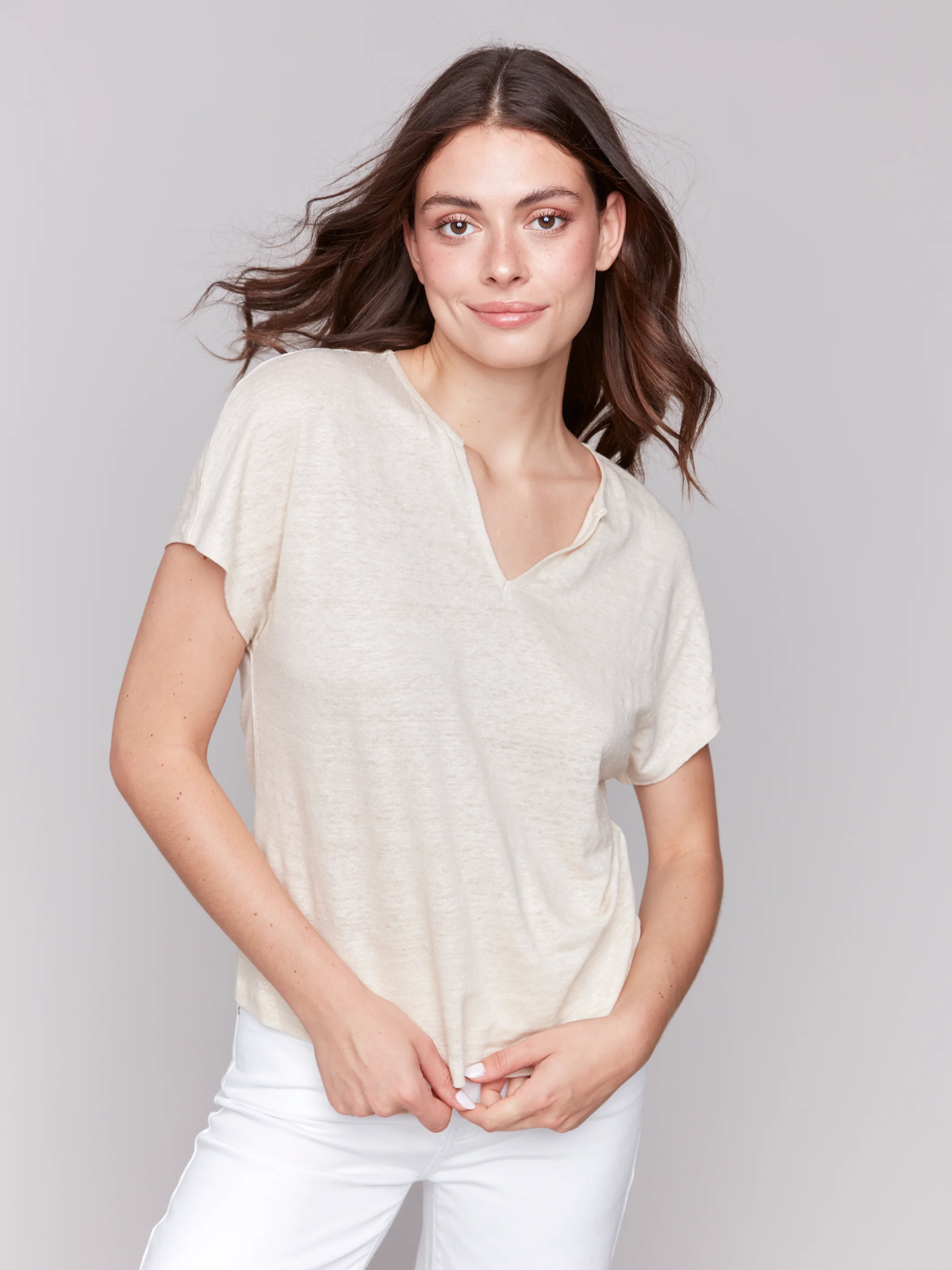 Charlie B -C1396PK-249-Foil Print Short Sleeve Dolman Top-Champagne - Image 2