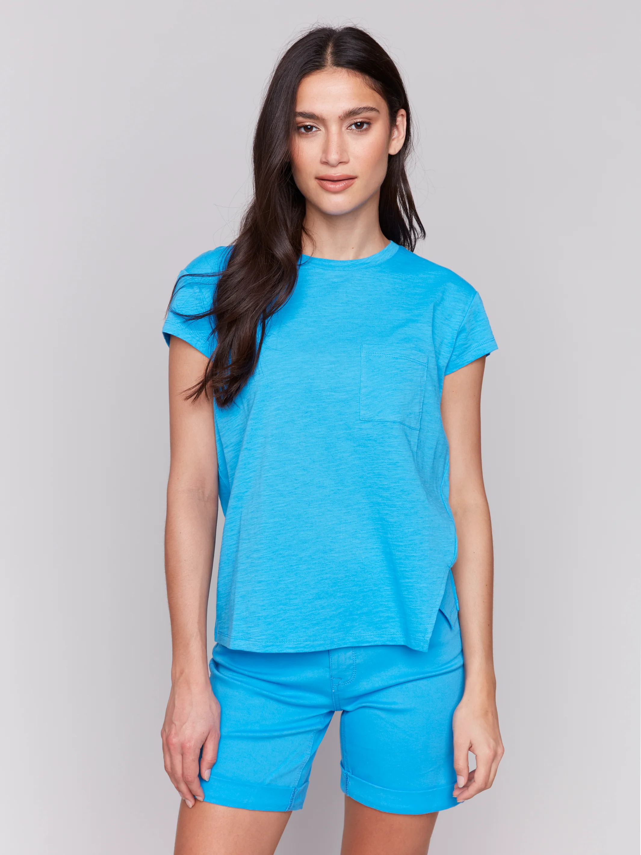 Charlie B -C1399PK-057-Cap Sleeve Tee W/Chest Pocket Detail-Lagoon - Image 2