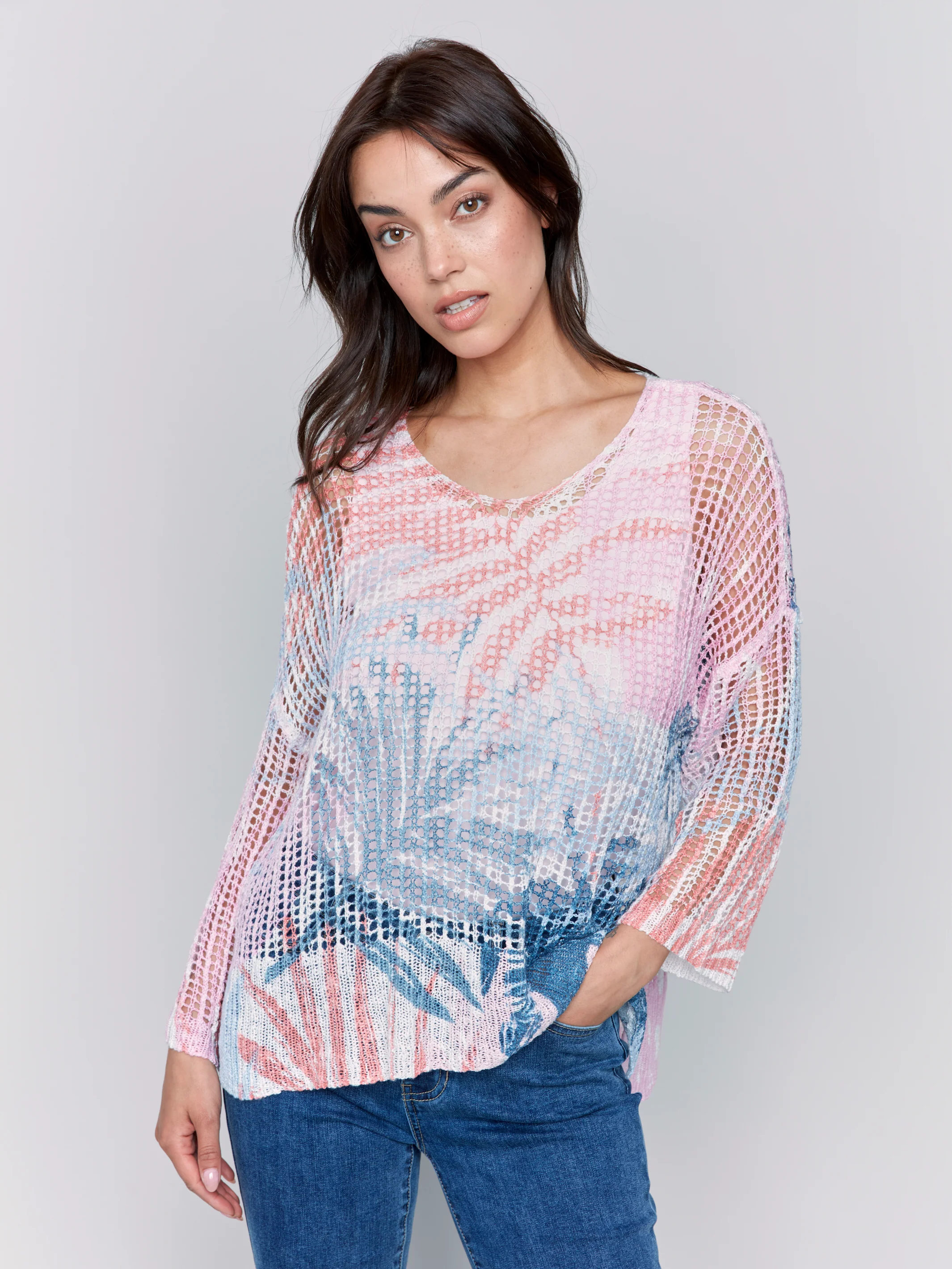 Charlie B -C2326PY-P316-3/4 Sleeve V Neck Printed Fishnet Sweater-Tropical - Image 3