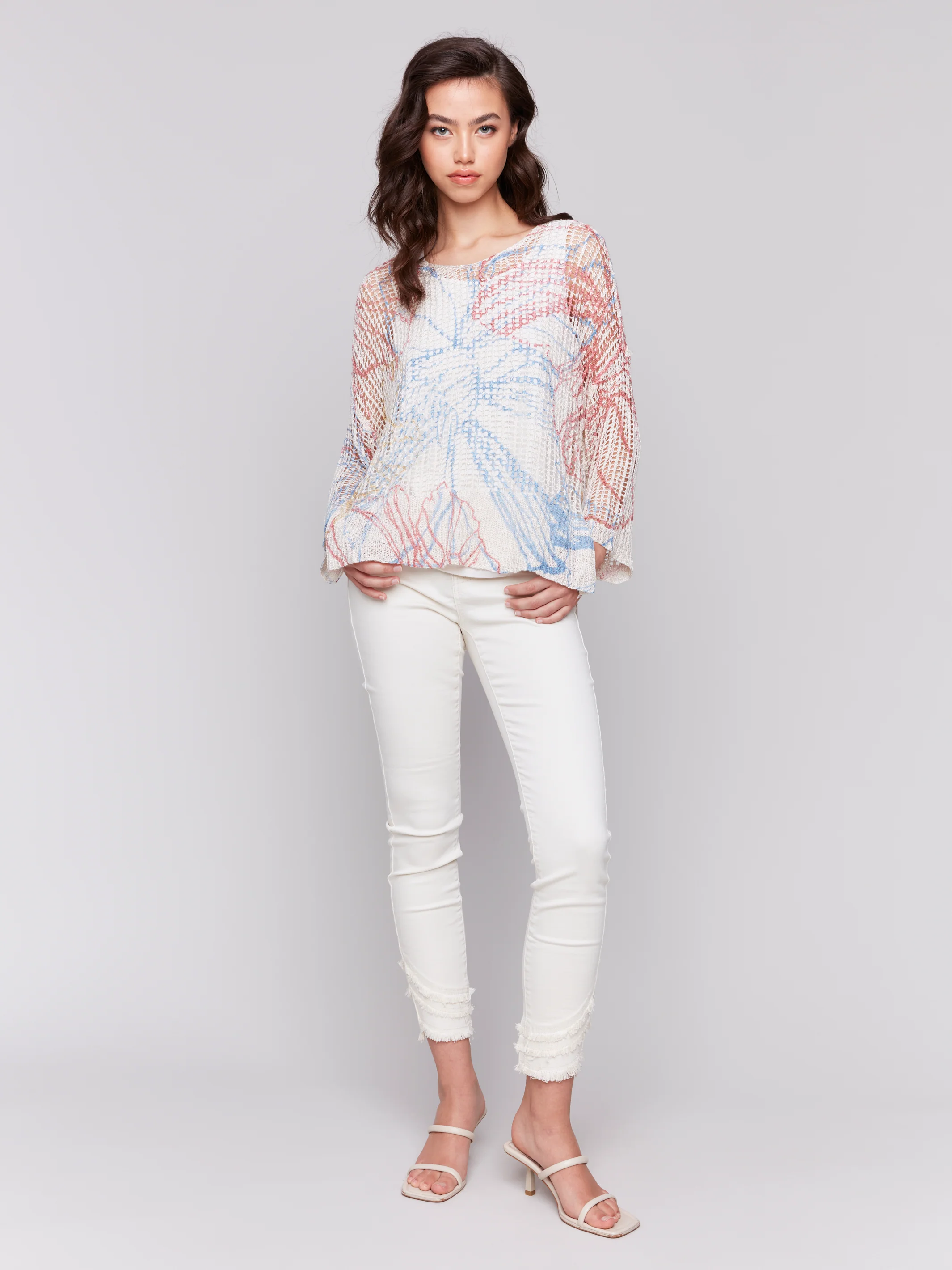 Charlie B -C2326PY-P856-3/4 Sleeve V Neck Printed Fishnet Sweater-Corolla