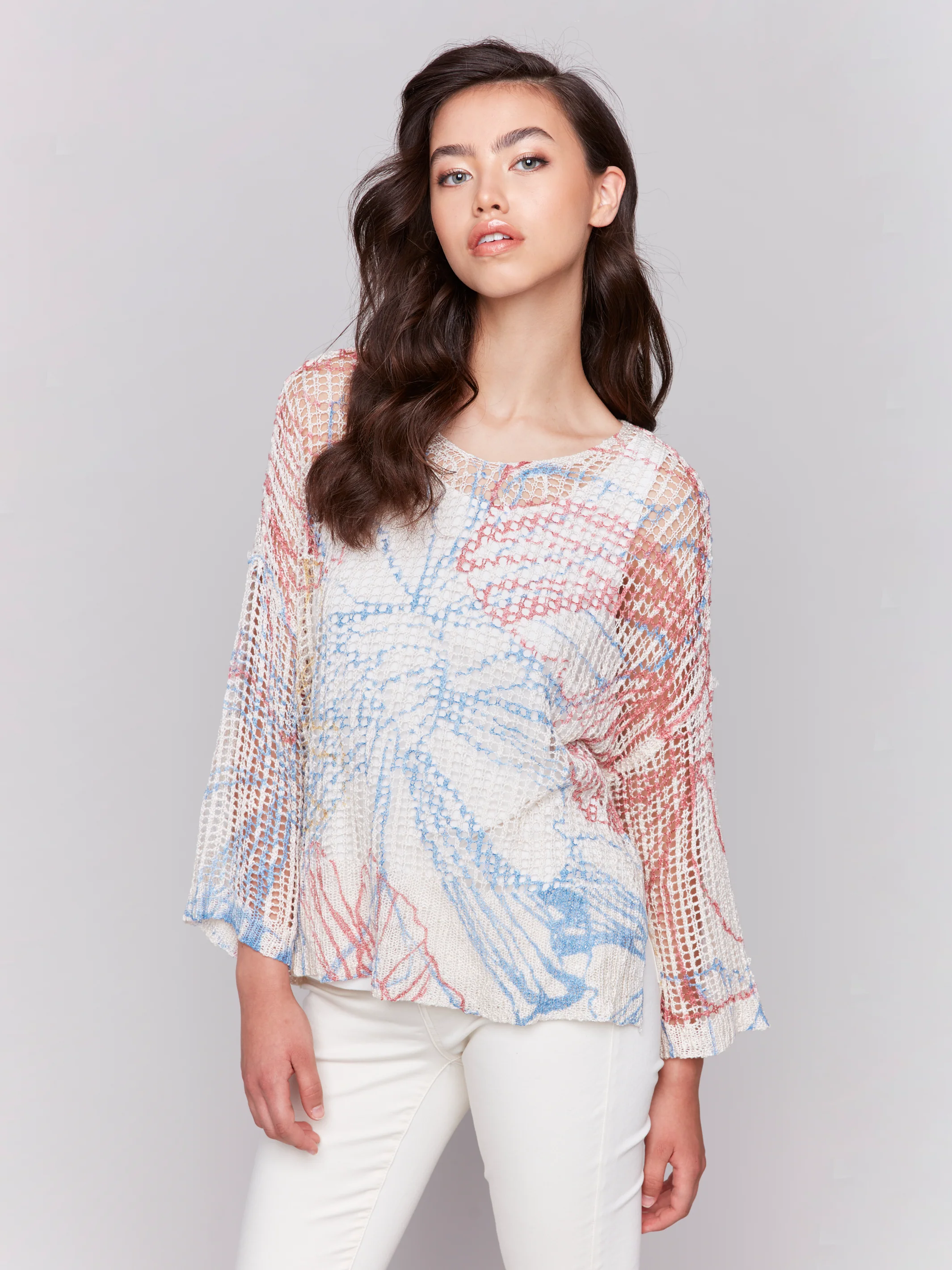 Charlie B -C2326PY-P856-3/4 Sleeve V Neck Printed Fishnet Sweater-Corolla - Image 3
