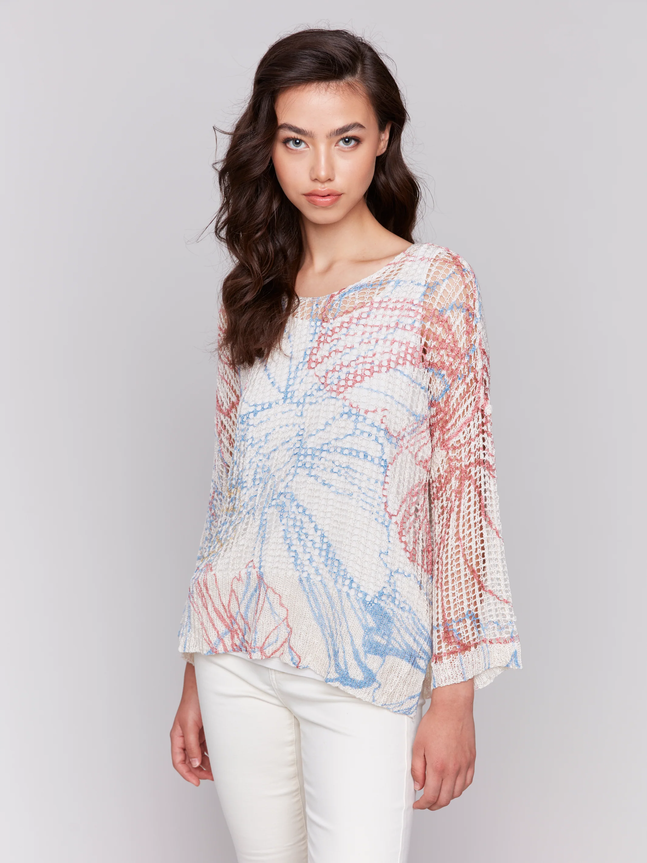 Charlie B -C2326PY-P856-3/4 Sleeve V Neck Printed Fishnet Sweater-Corolla - Image 4