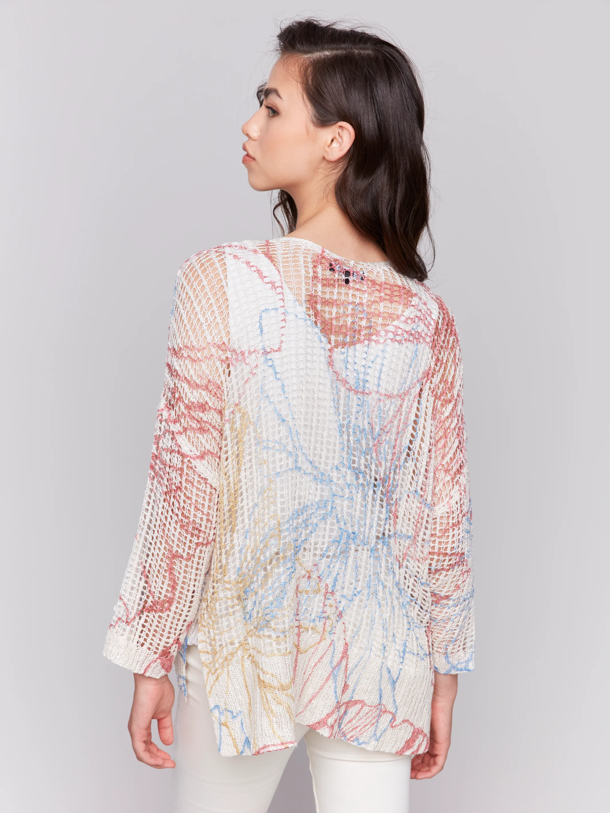 Charlie B -C2326PY-P856-3/4 Sleeve V Neck Printed Fishnet Sweater-Corolla - Image 5