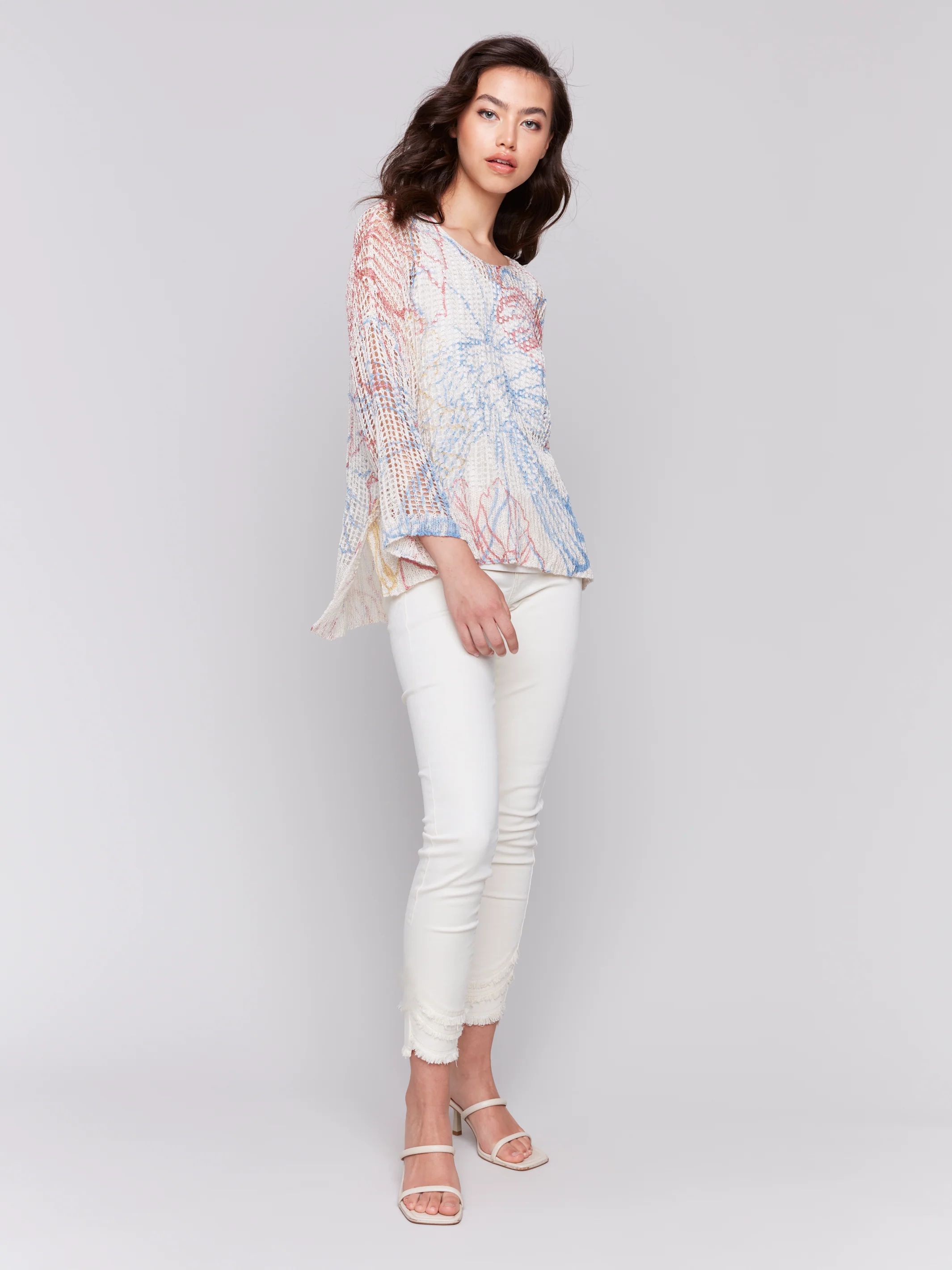 Charlie B -C2326PY-P856-3/4 Sleeve V Neck Printed Fishnet Sweater-Corolla - Image 2