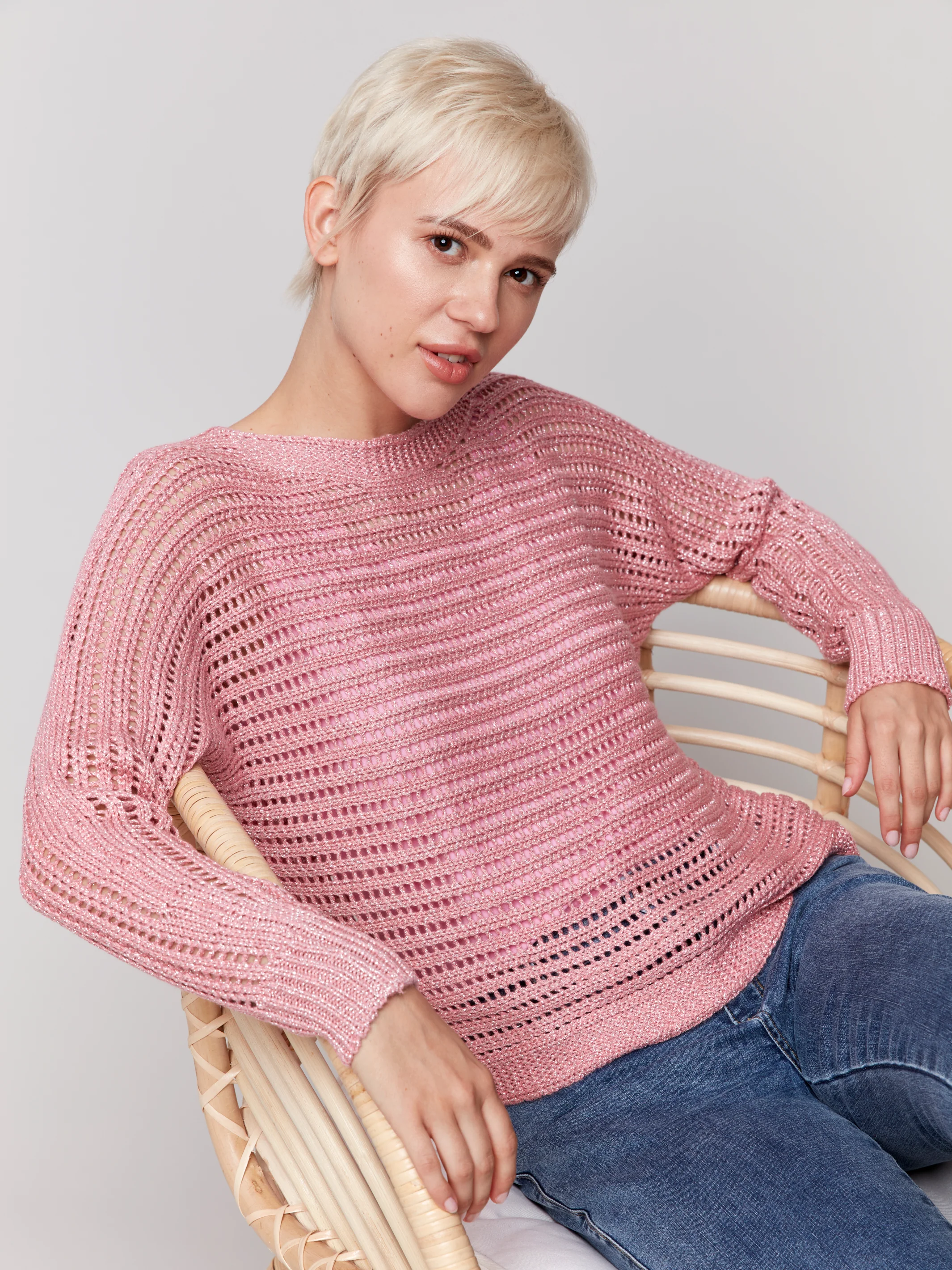 Charlie B -C2768-692-Metallic Fishnet Dolman Crew Neck Sweater-Guava - Image 2