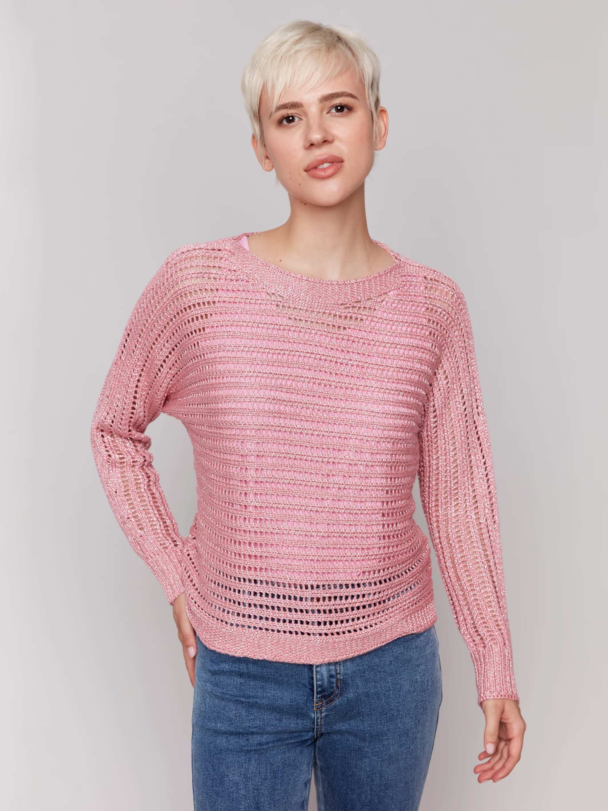 Charlie B -C2768-692-Metallic Fishnet Dolman Crew Neck Sweater-Guava - Image 4