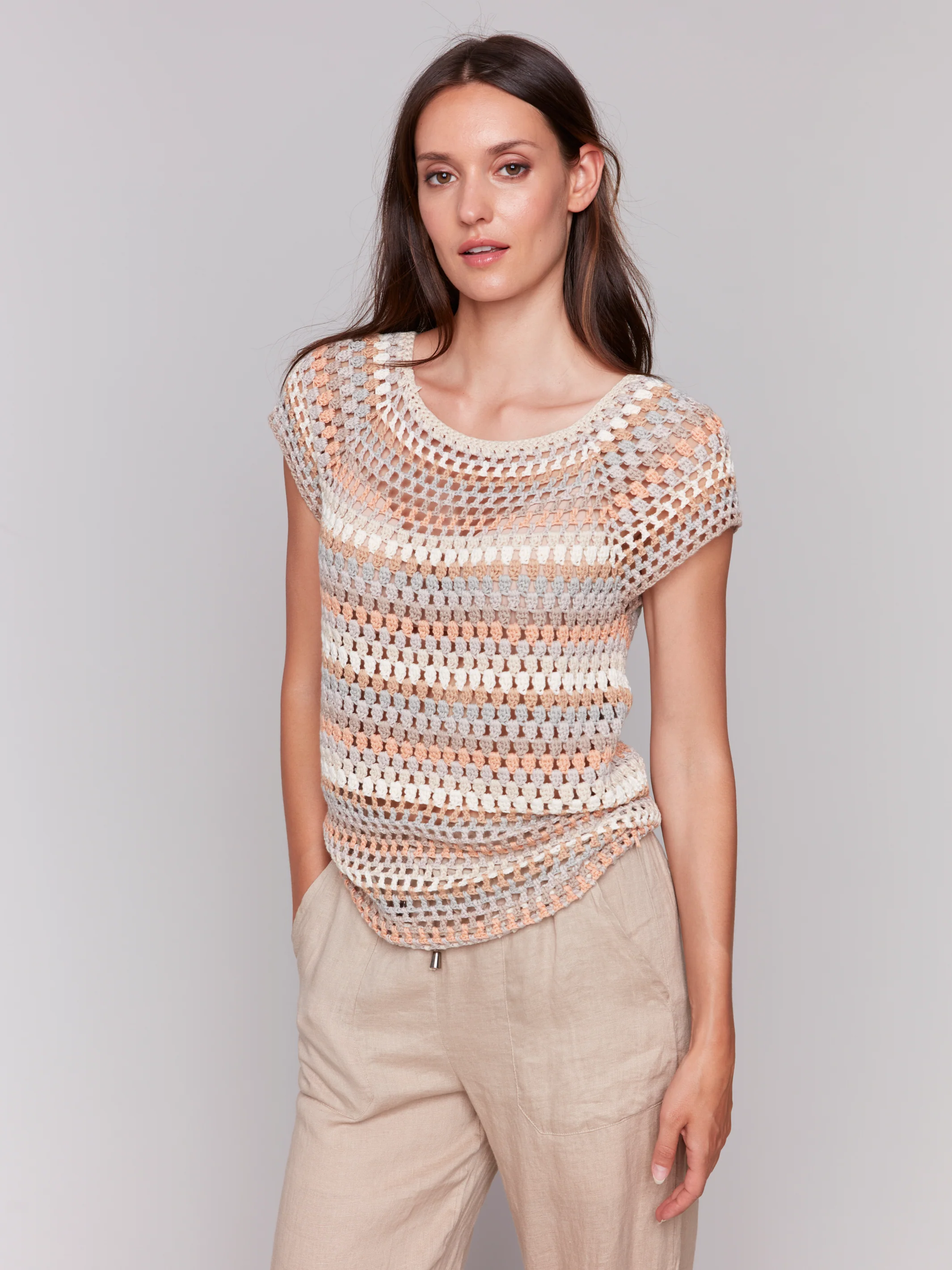 Charlie B -C2778-P804-Raglan Cap Sleeve Crochet Top-Pebble - Image 3