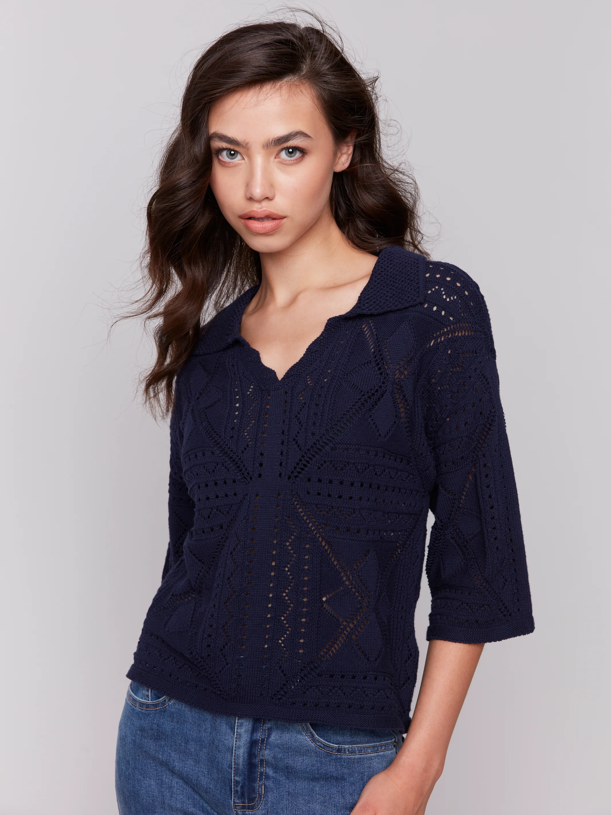 Charlie B -C2783-165C-Johnny Collar Pointelle Sweater-Navy - Image 2