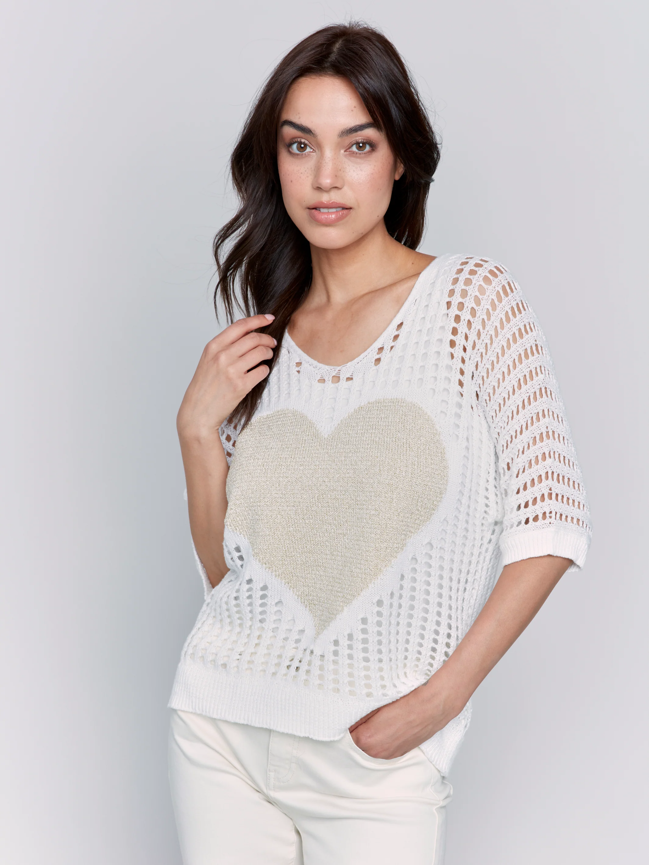 Charlie B -C2792-002-Fishnet V Neck Sweater W/Lurex Heart-White - Image 3