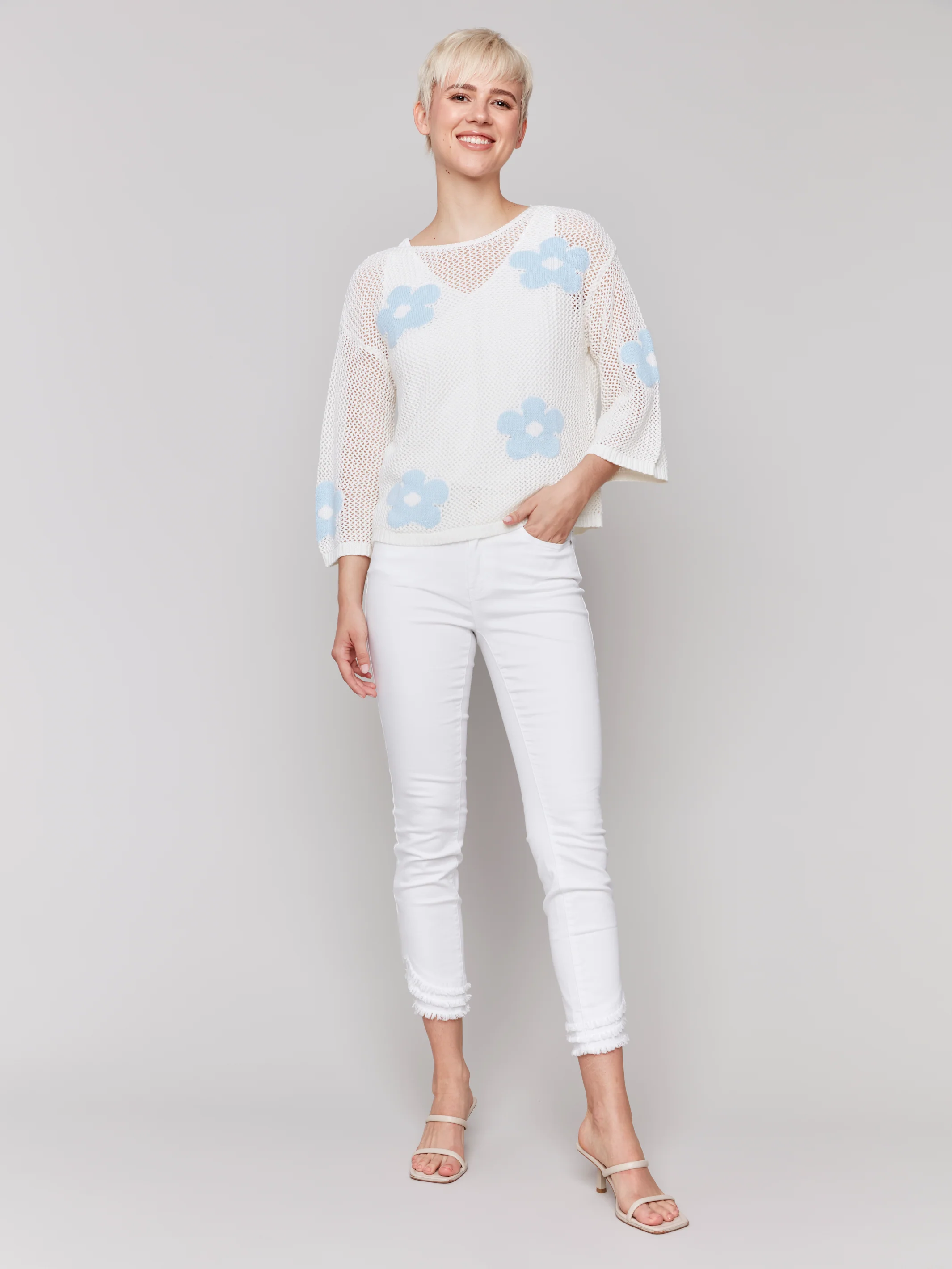 Charlie B -C2793-114C-Jacquard Sweater-White - Image 2