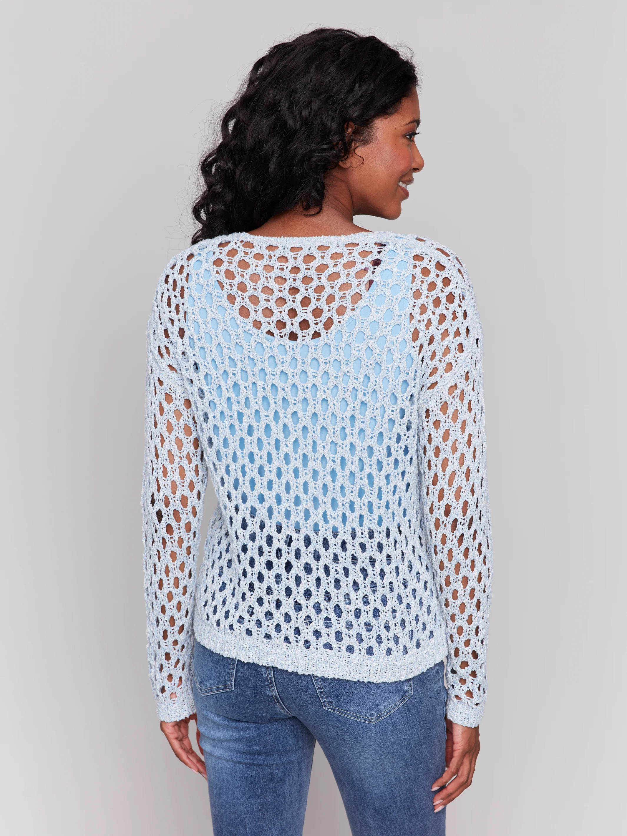 Charlie B -C2796-006-Fancy Yarn Fishnet V Neck Sweater-Denim - Image 5