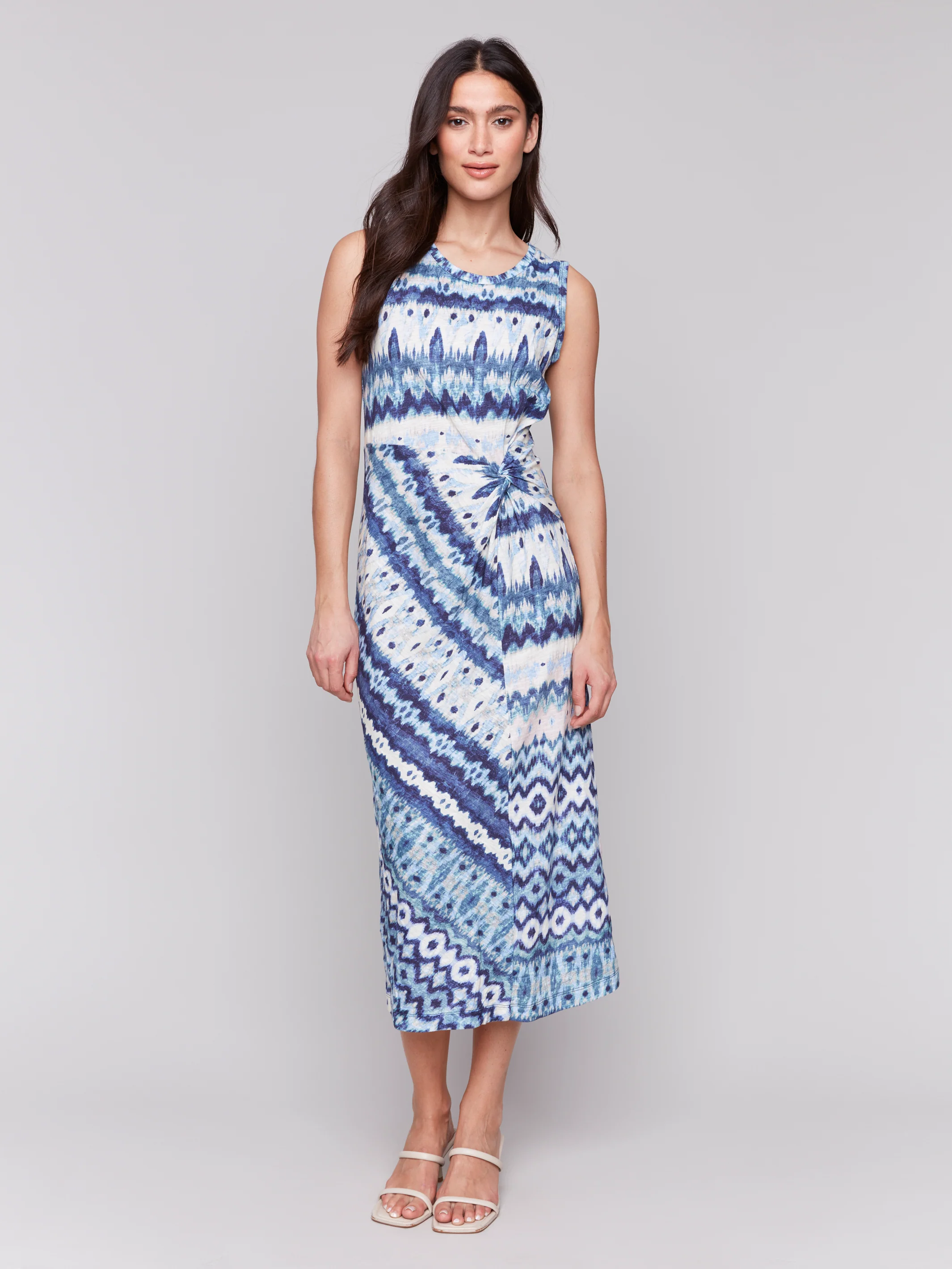 Charlie B -C3206-251B-Sleeveless Round Neck Dress W/Faux Knot Detail-Lake Tahoe - Image 3