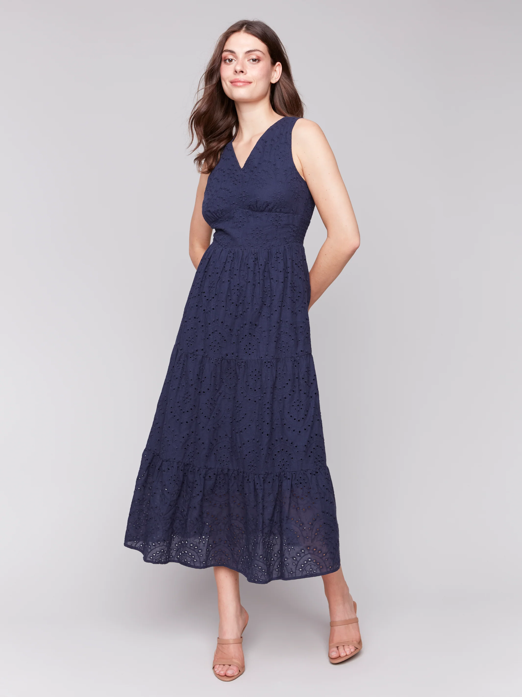Charlie B -C3208-117-Long Eyelet Dress W/Elastic Waistband At Back-Navy - Image 2
