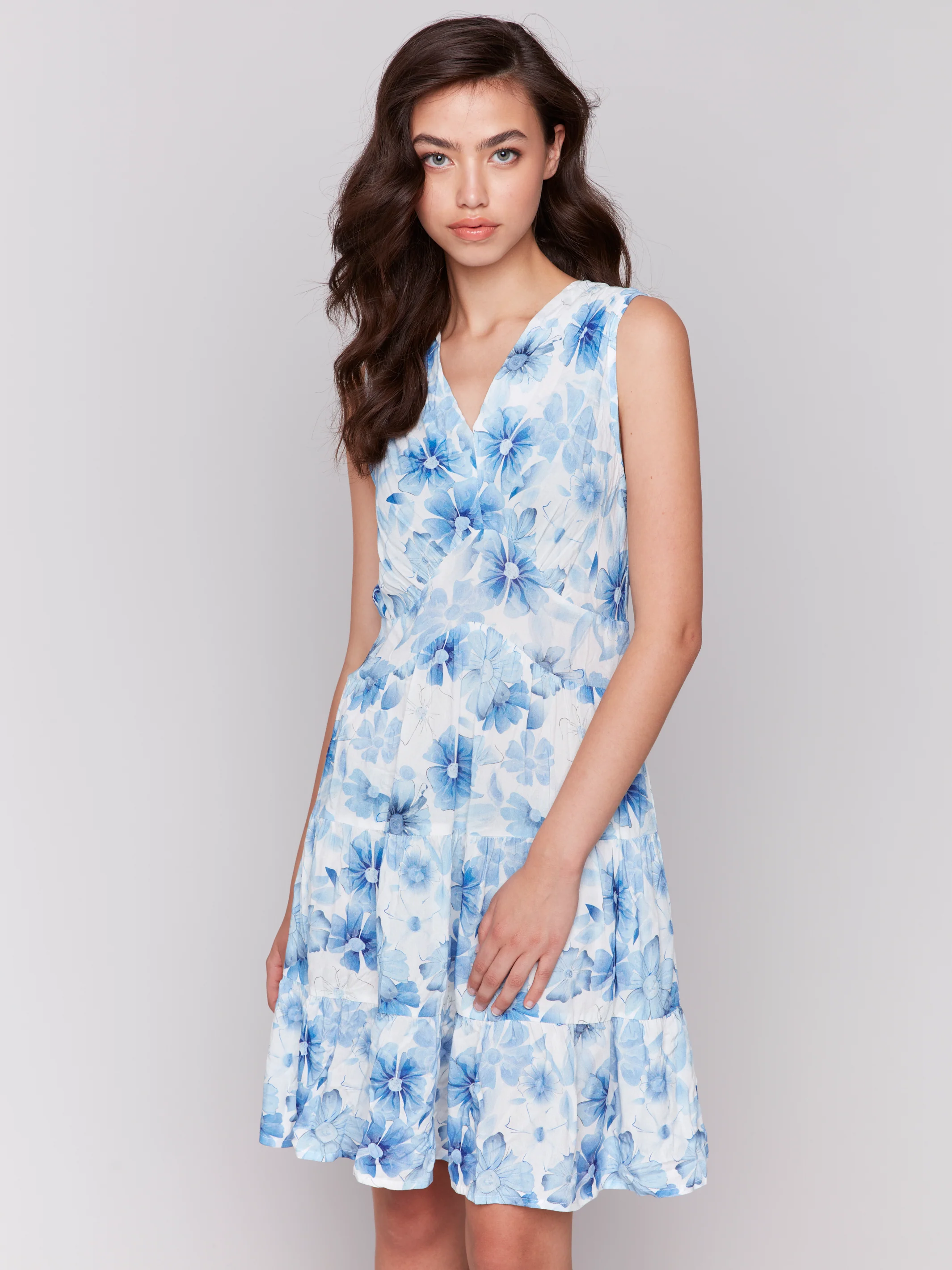 Charlie B -C3210P-P823-Printed Sleeveless V Neck Dress W/Tiers-Celestial - Image 3