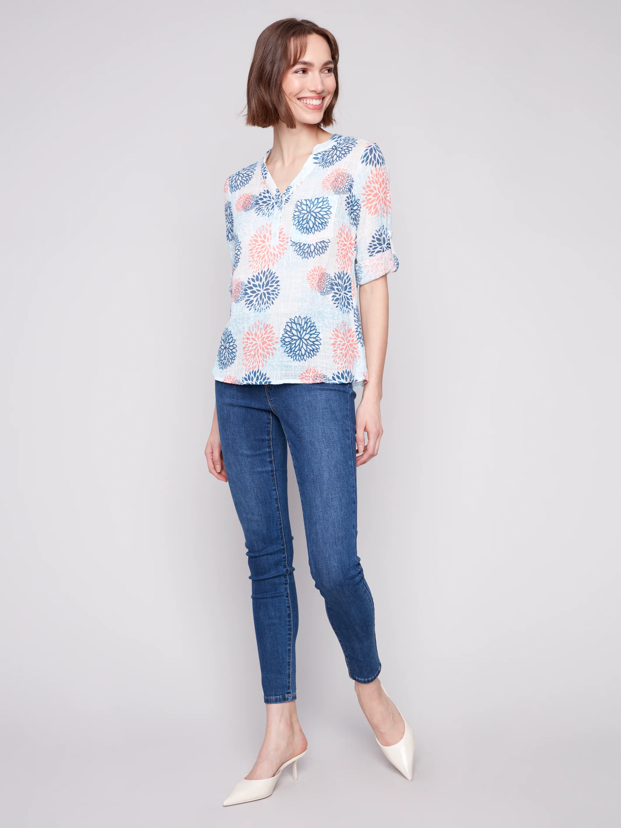 Charlie B -C4188A-P827-Printed Roll Up Sleeve Cotton Gauze Blouse-Jasmine - Image 3