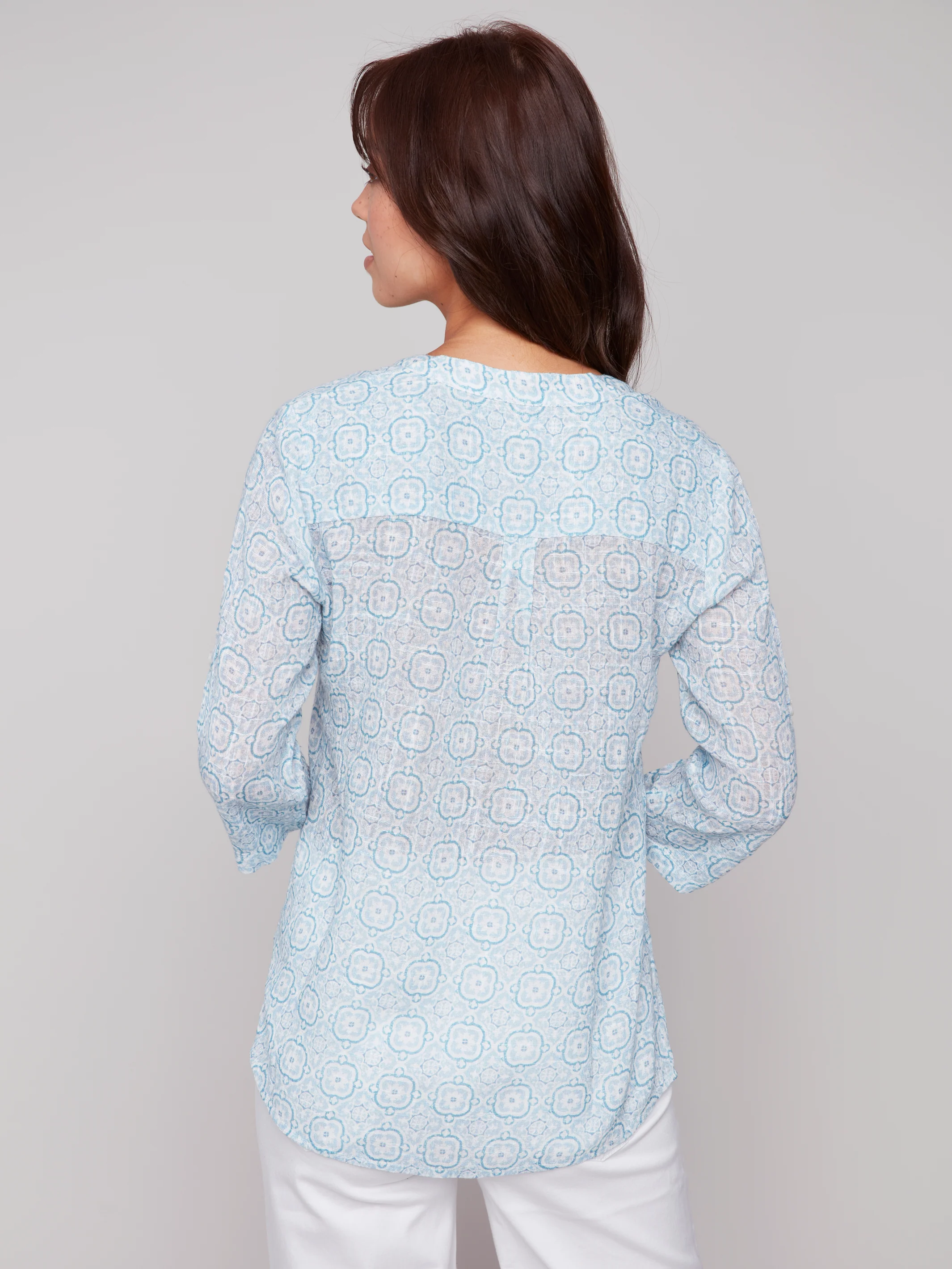 Charlie B -C4188A-P827-Printed Roll Up Sleeve Cotton Gauze Blouse-Tiles - Image 5