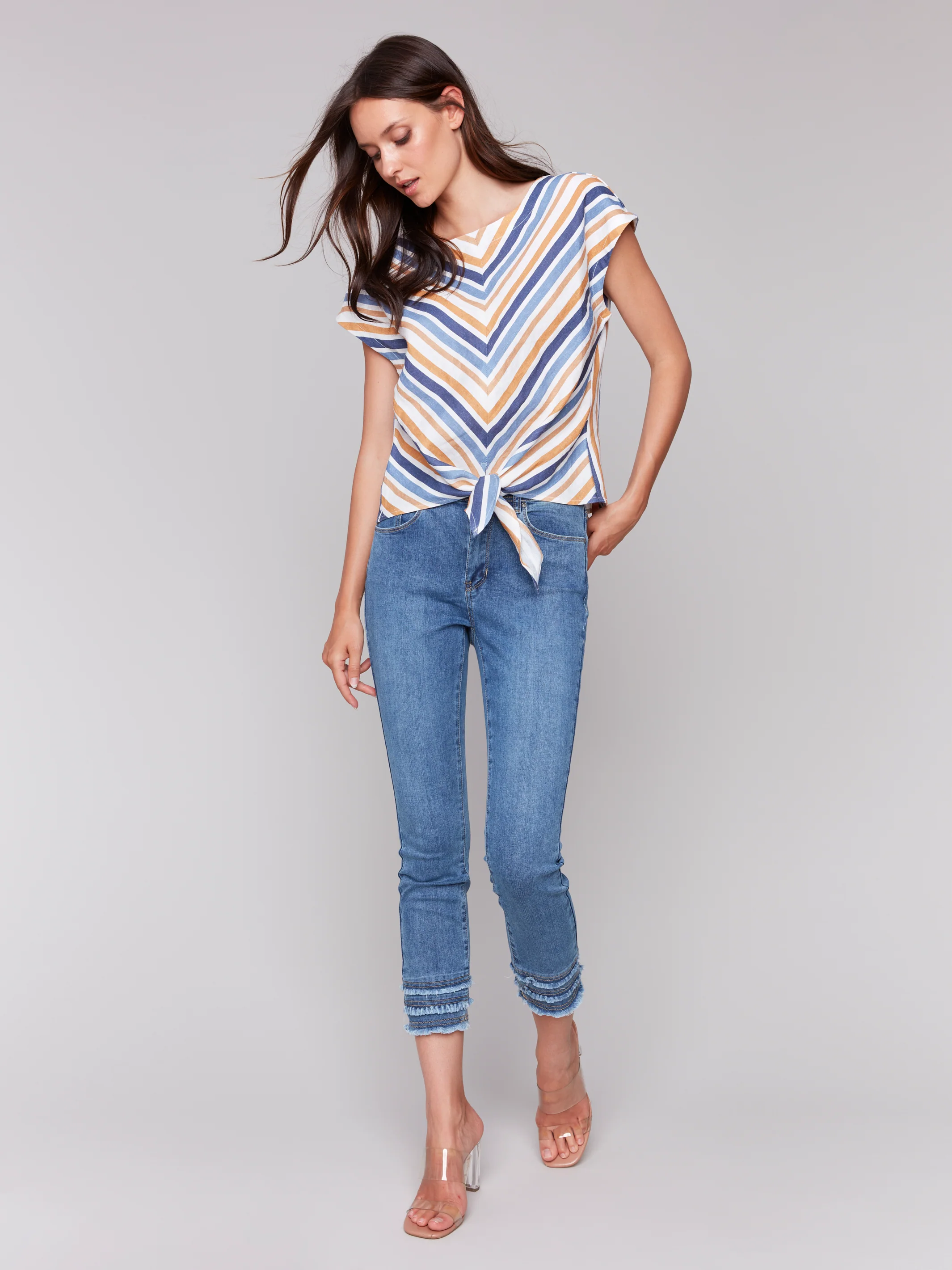 Charlie B -C4271-P006-Striped Cap Sleeve Round Neck Front Tie Top-Denim - Image 3
