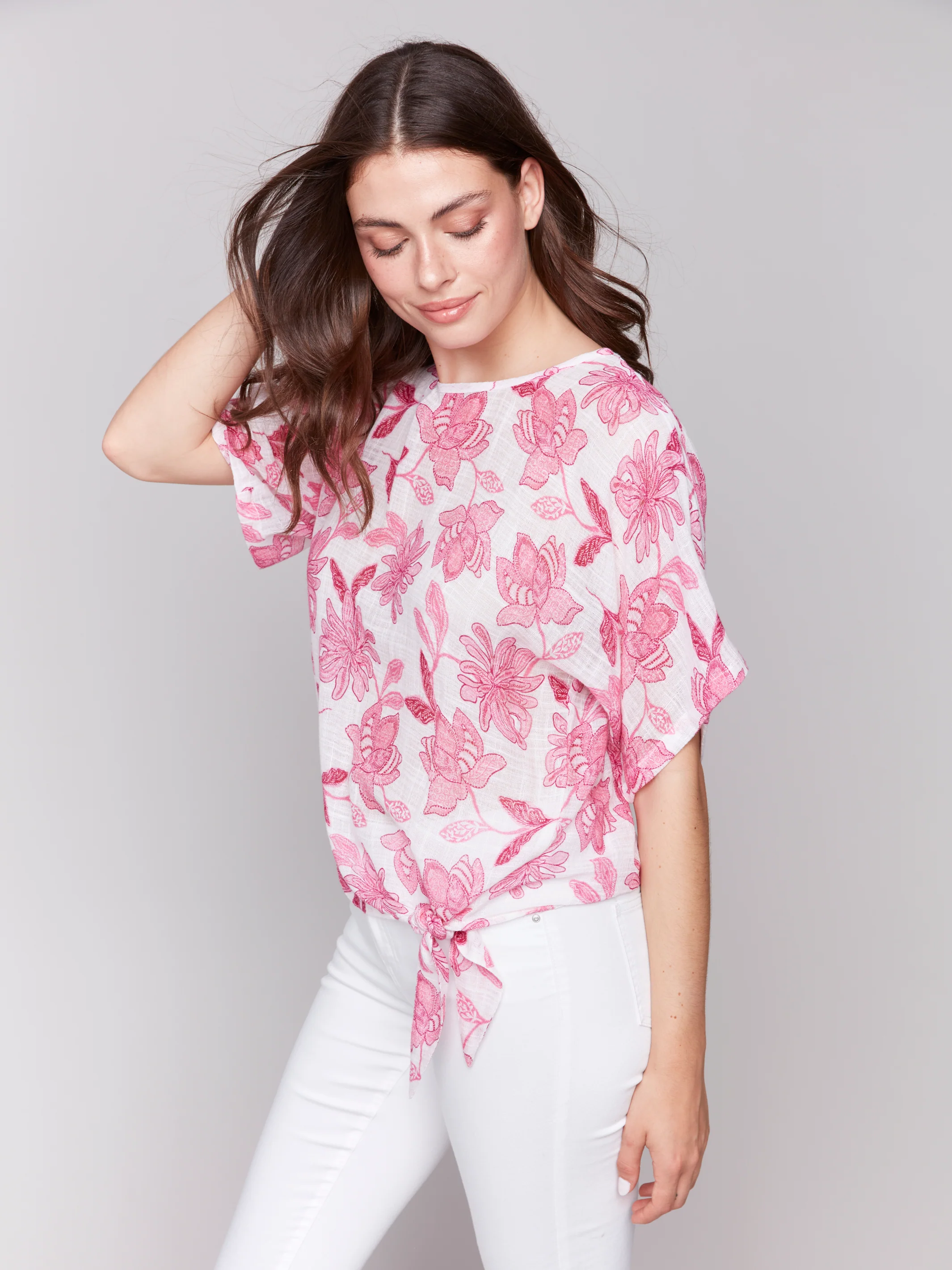 Charlie B -C4403A-P822-Dolman Cotton Blouse W/Bottom Tie-Enchanted - Image 2