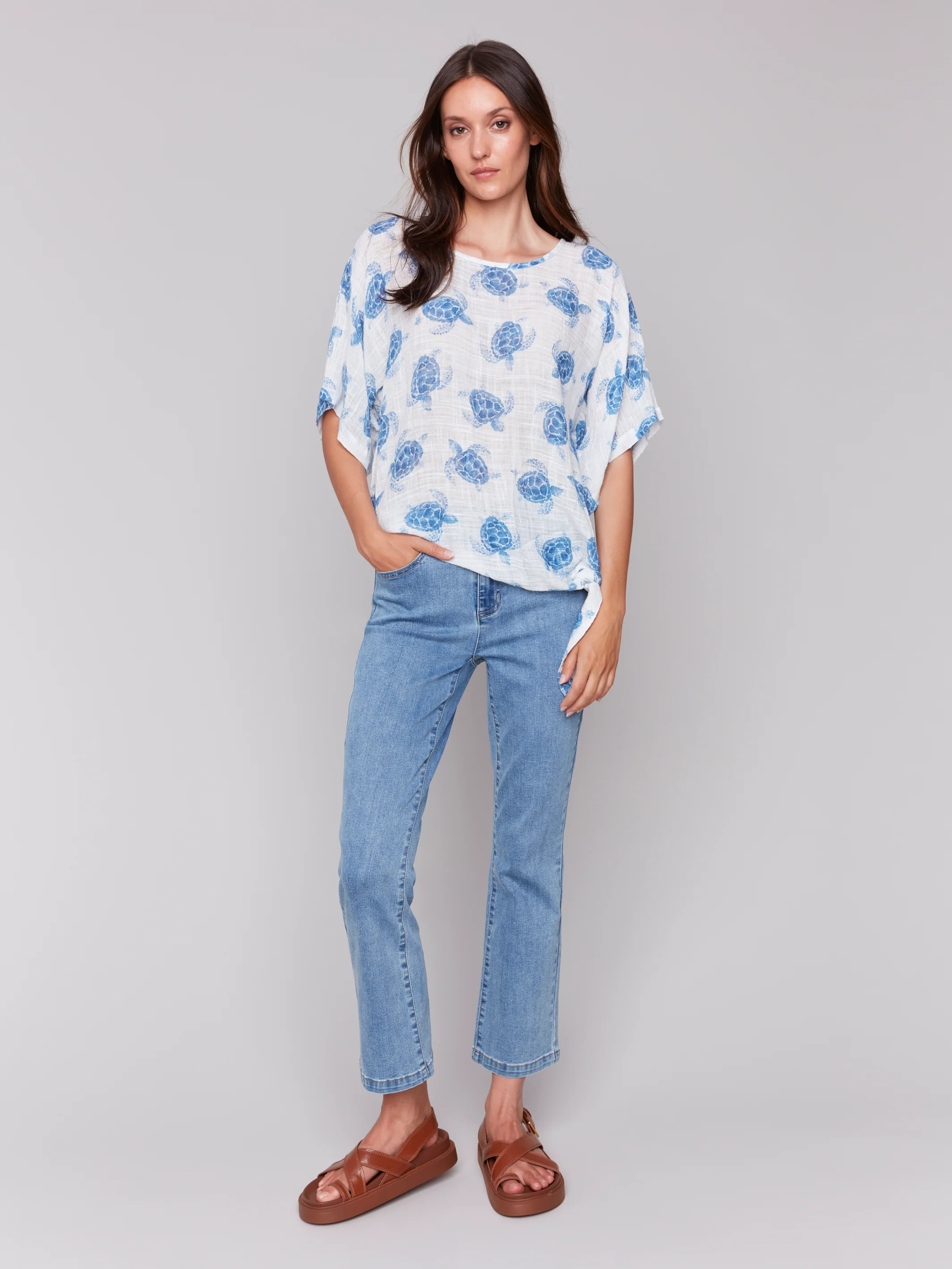 Charlie B -C4403A-P845-Printed Dolman Sleeve W/Side Tie-Turtle