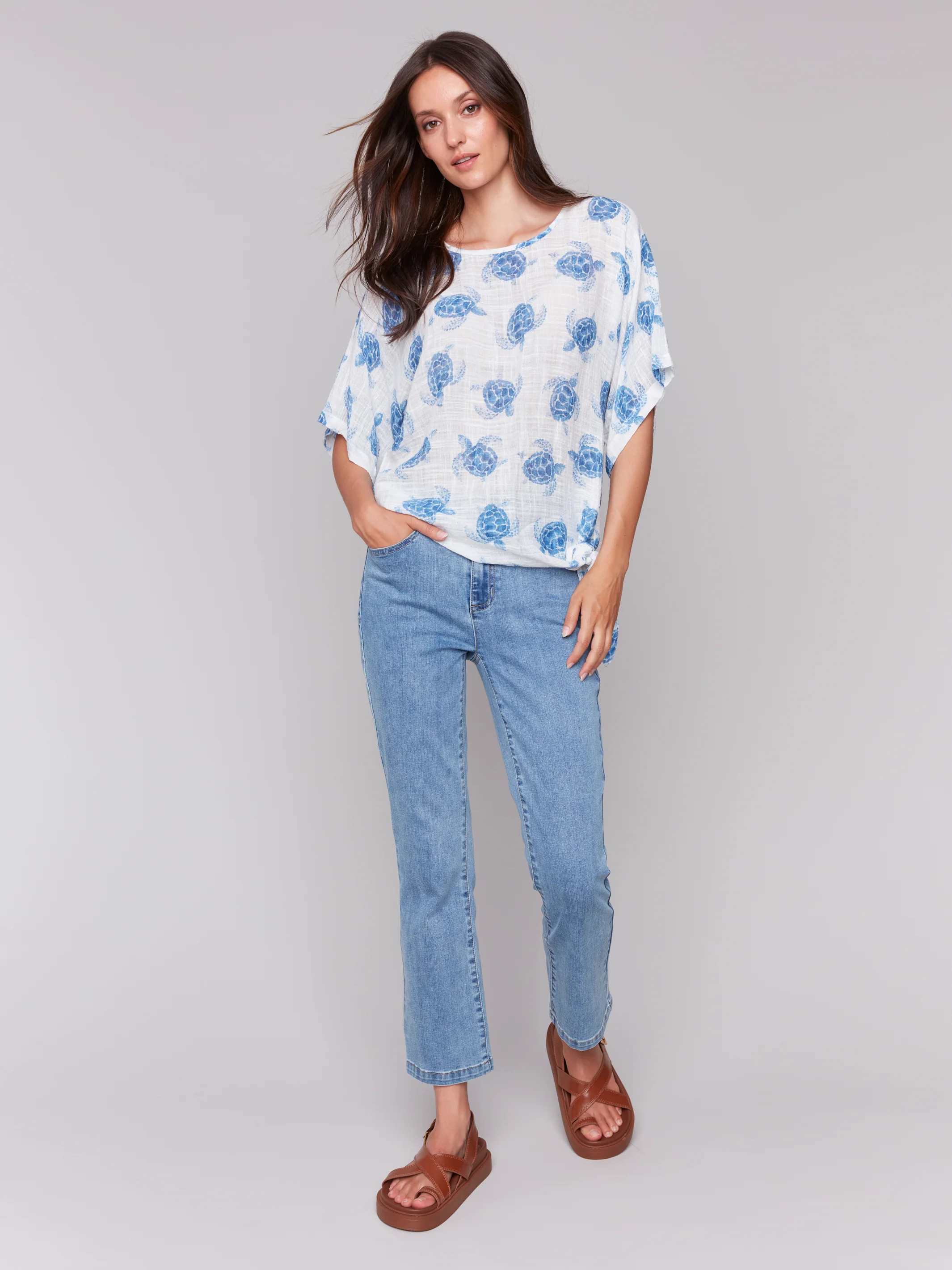 Charlie B -C4403A-P845-Printed Dolman Sleeve W/Side Tie-Turtle - Image 2