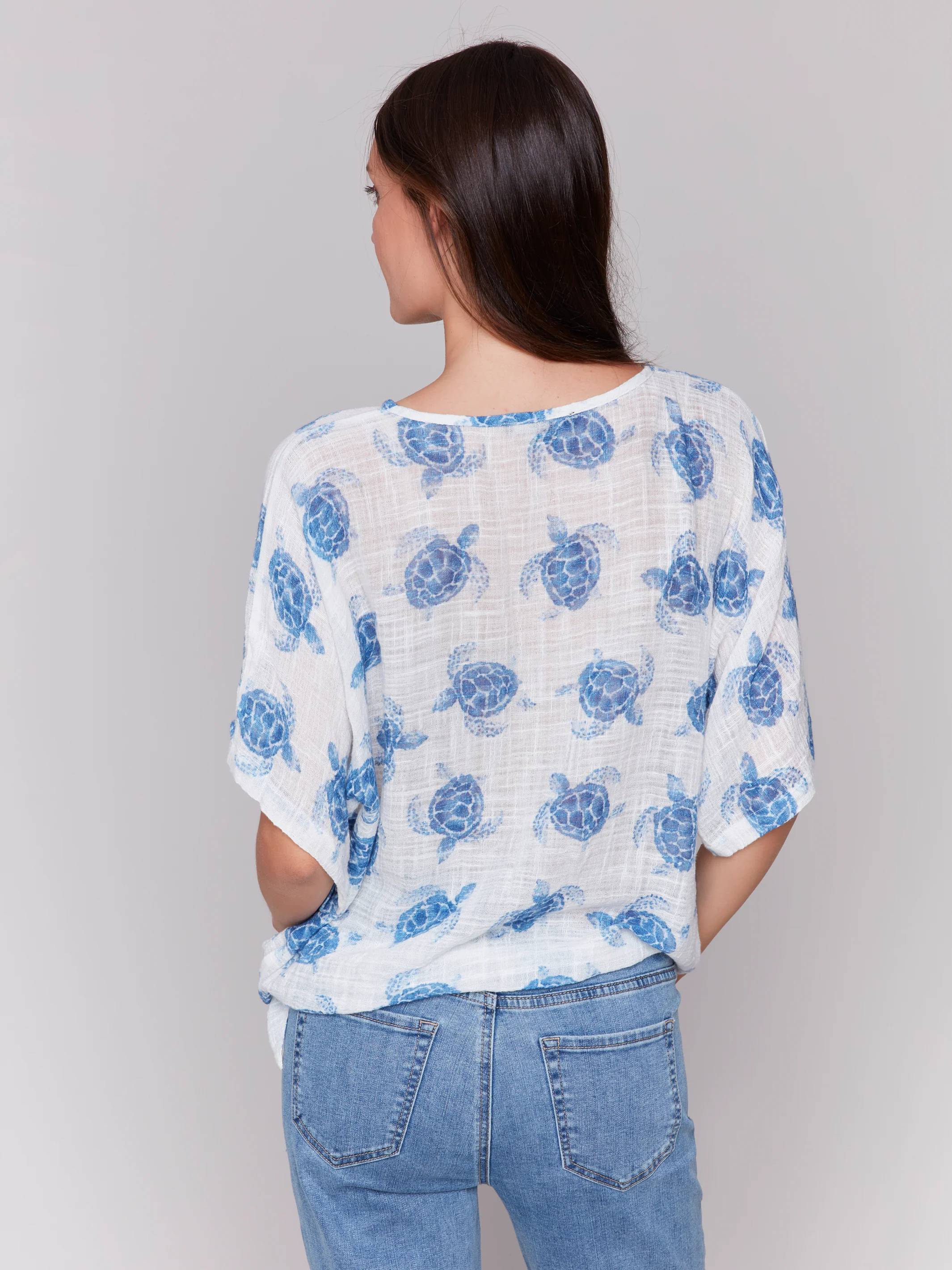 Charlie B -C4403A-P845-Printed Dolman Sleeve W/Side Tie-Turtle - Image 5
