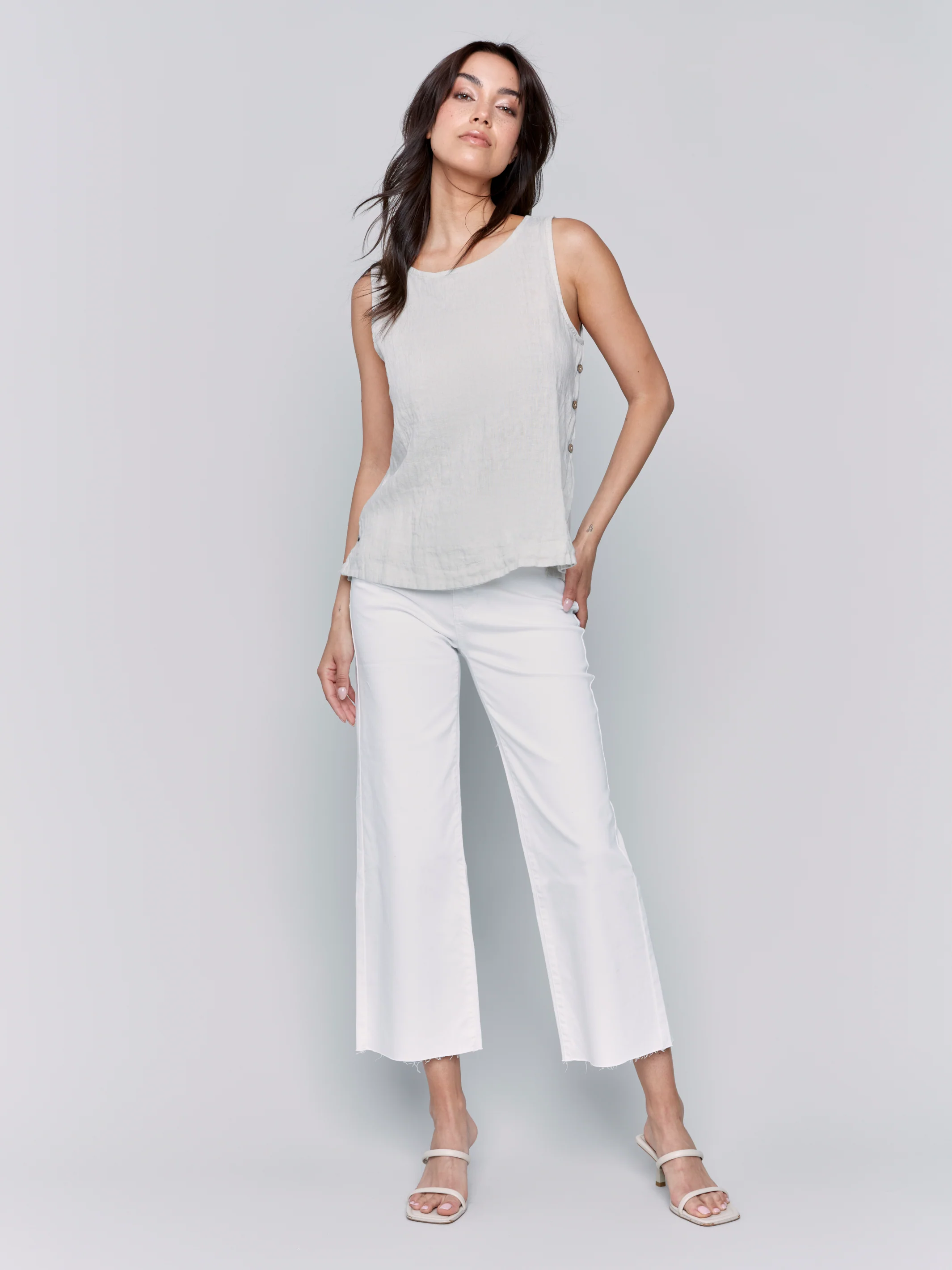 Charlie B -C4425T-100-Sleeveless Linen Top W/Side Buttons-Natural - Image 2
