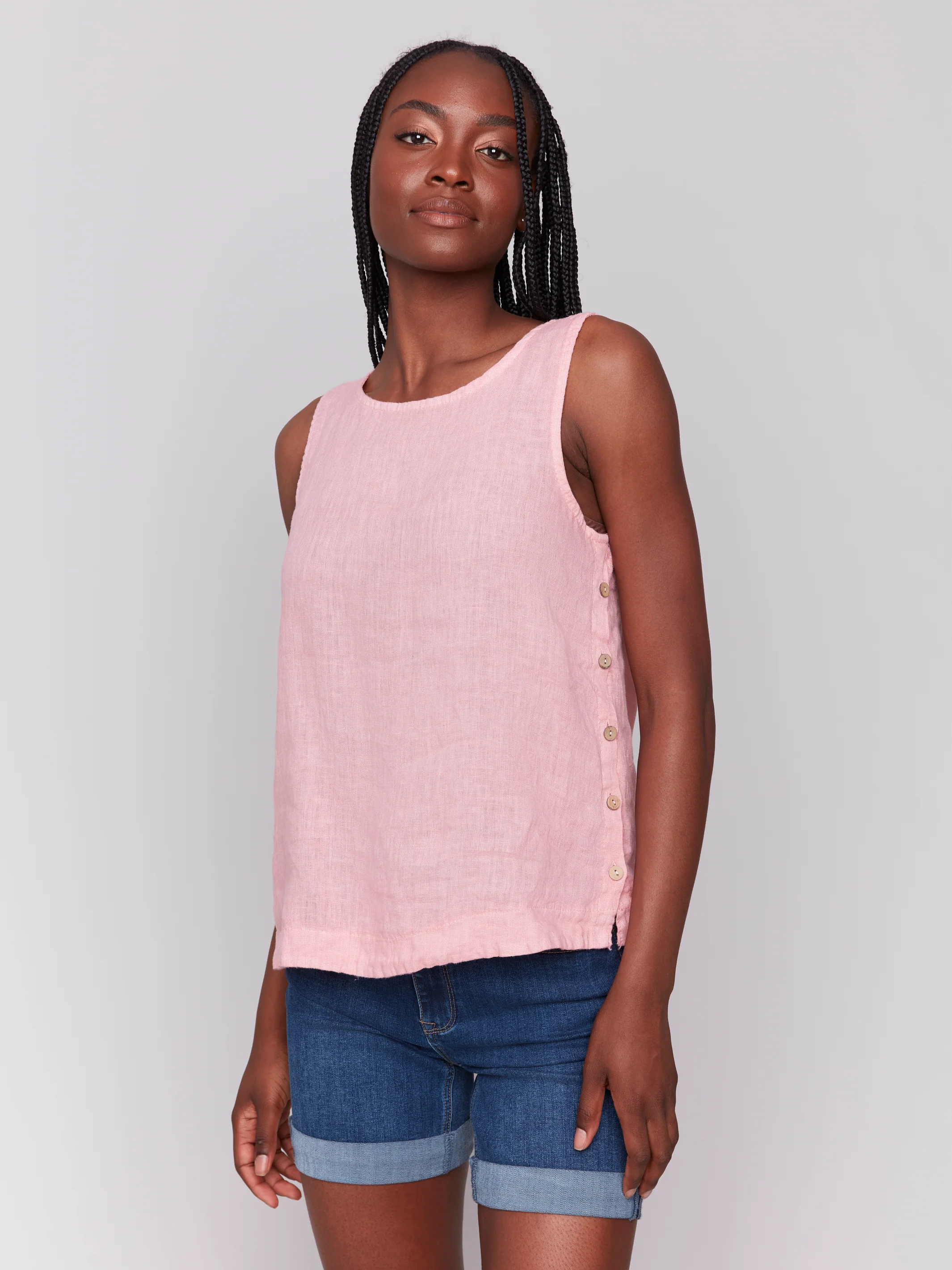 Charlie B -C4425T-692-Solid Sleeveless Round Neck Linen Blouse-Guava - Image 3