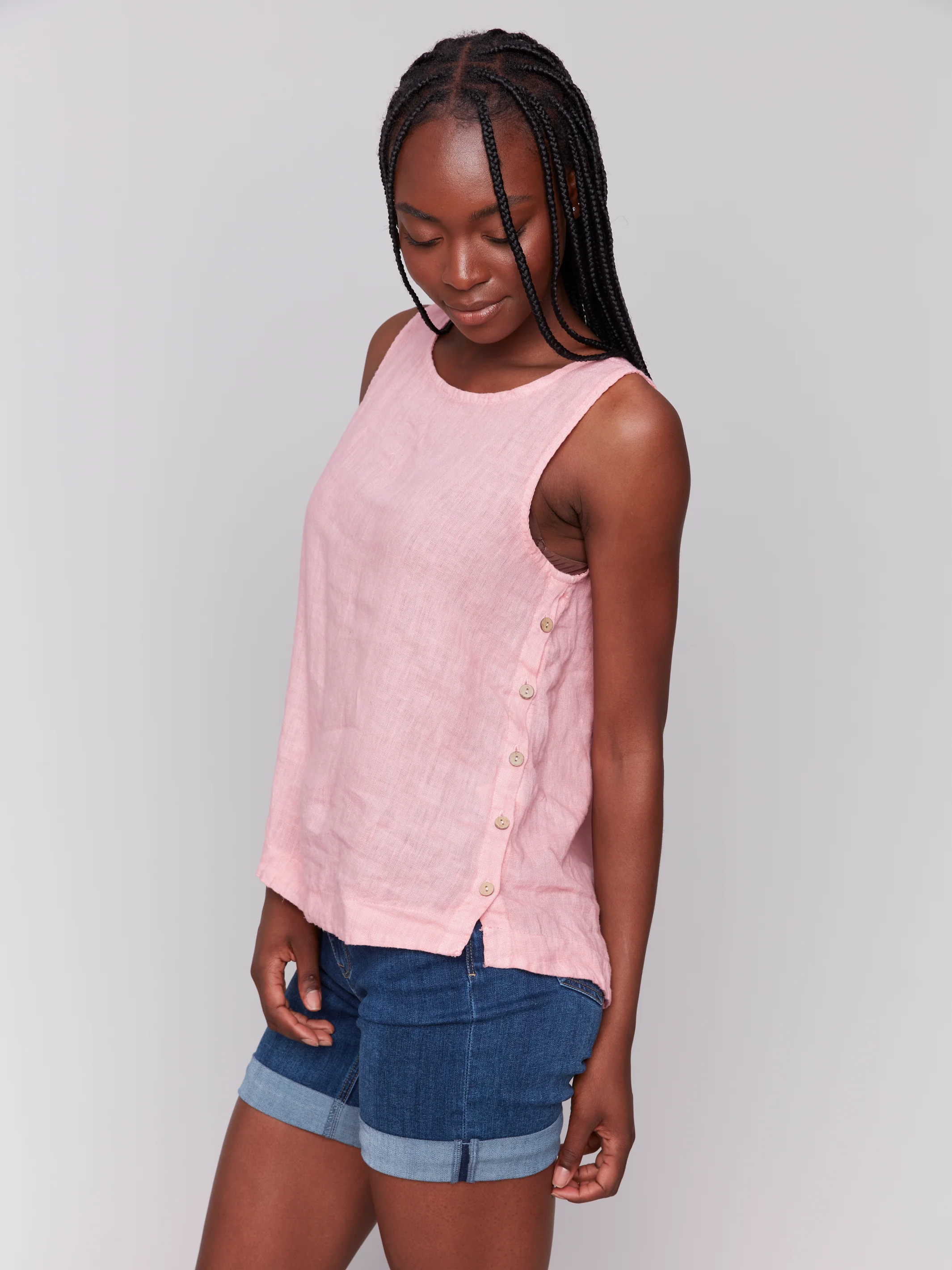 Charlie B -C4425T-692-Solid Sleeveless Round Neck Linen Blouse-Guava - Image 4