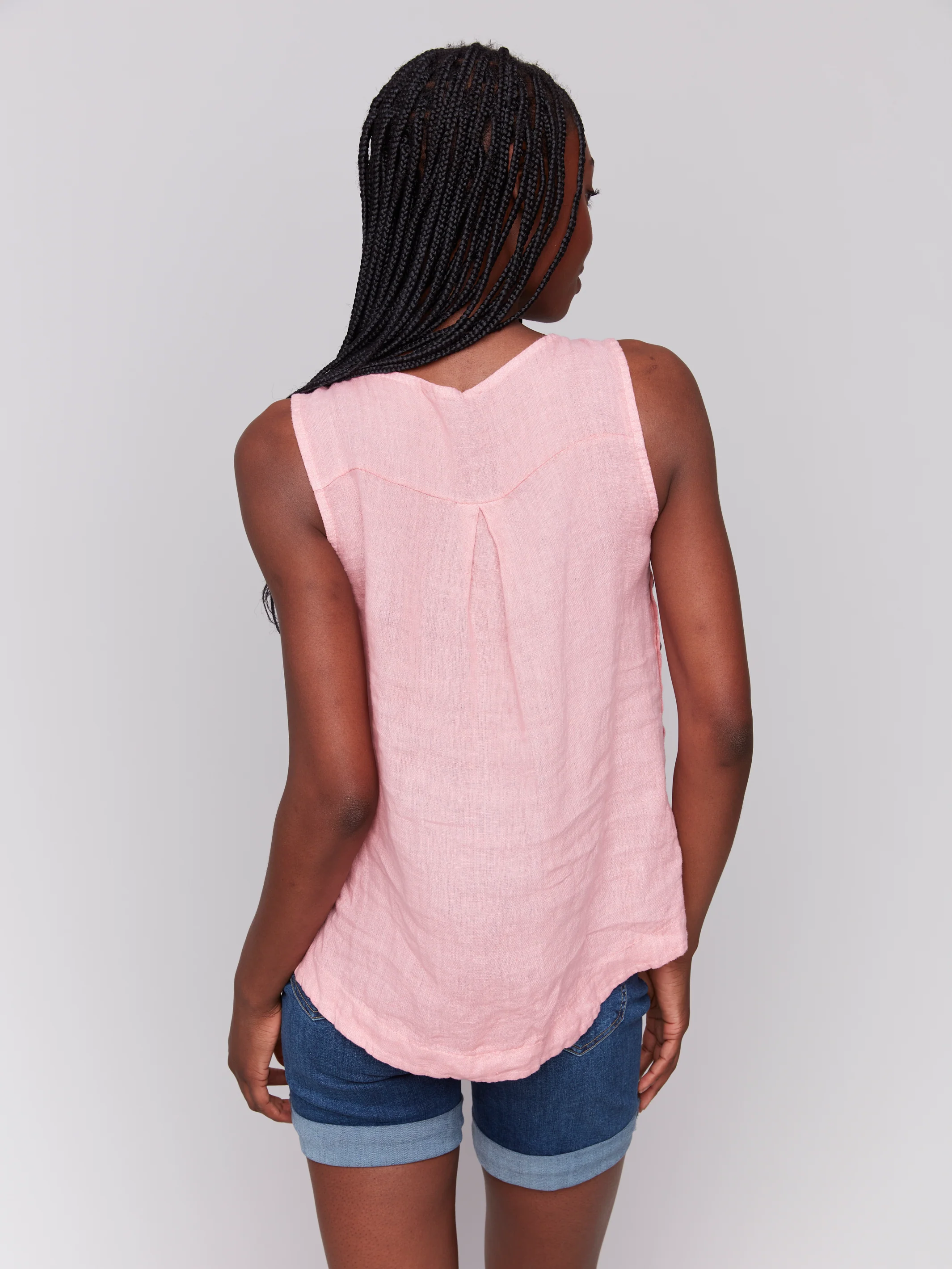 Charlie B -C4425T-692-Solid Sleeveless Round Neck Linen Blouse-Guava - Image 5