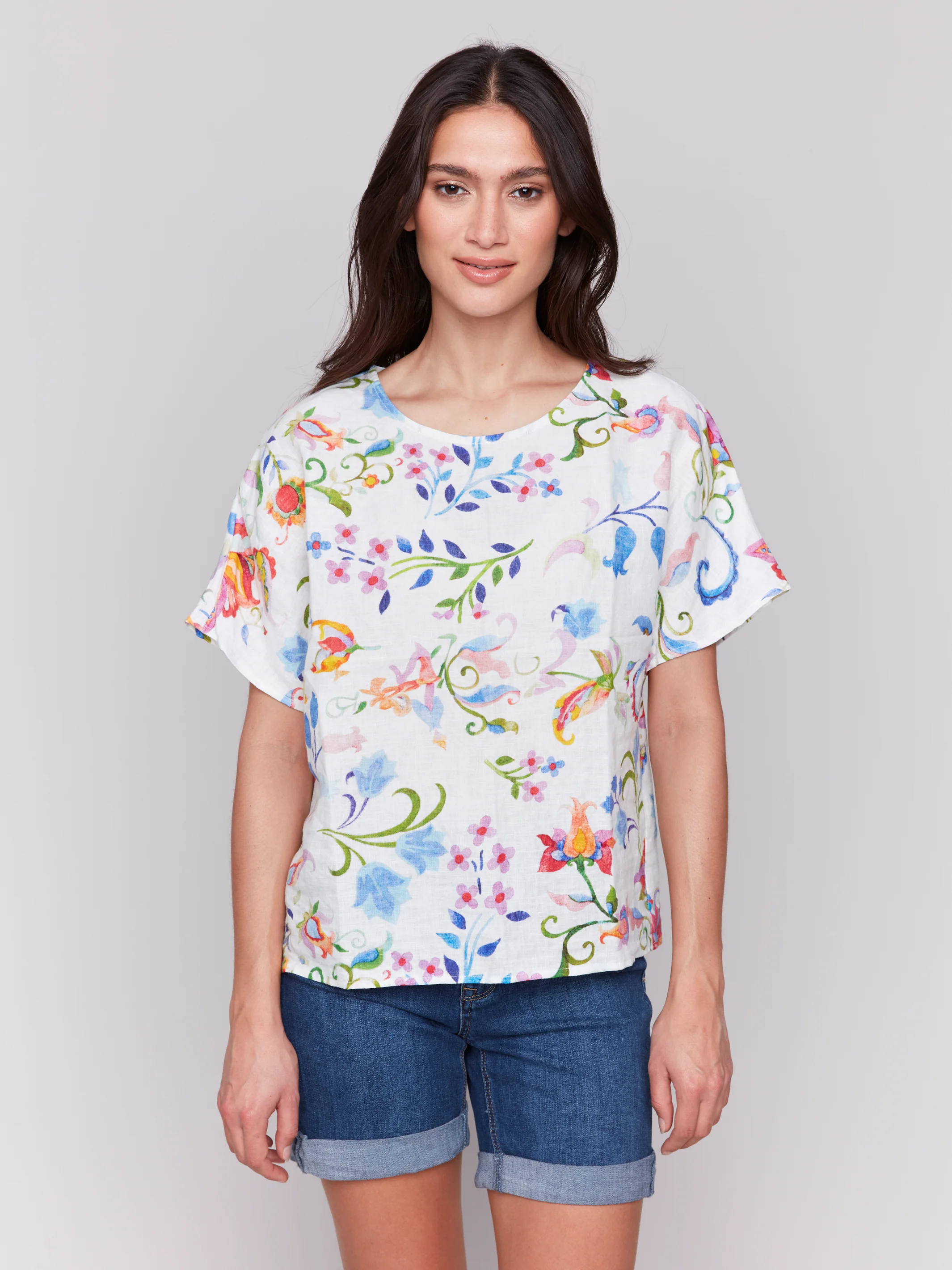 Charlie B -C4487P-P831-Short Sleeve Dolman Woven Printed Top-Utopia - Image 2