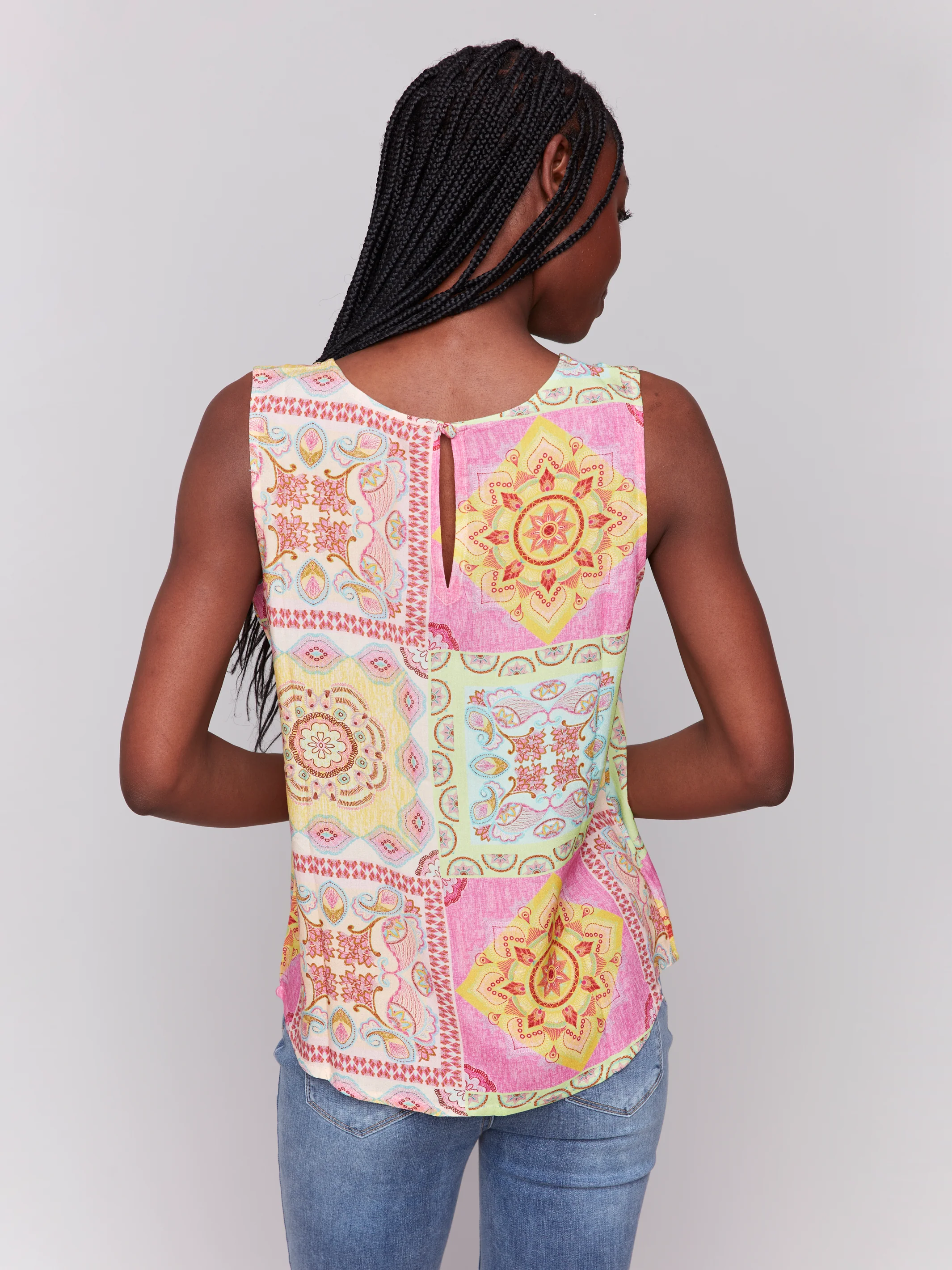 Charlie B -C4512RP-P857-Printed Sleeveless Crew Neck Popover Blouse-Carousel - Image 4