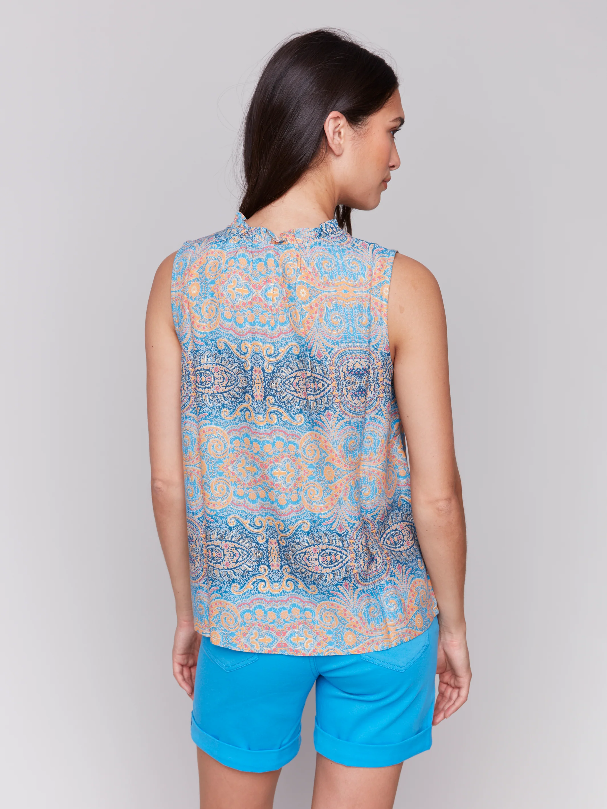 Charlie B -C4529RP-P378-Printed Sleeveless Blouse W/Ruffle Collar-Papaya - Image 3