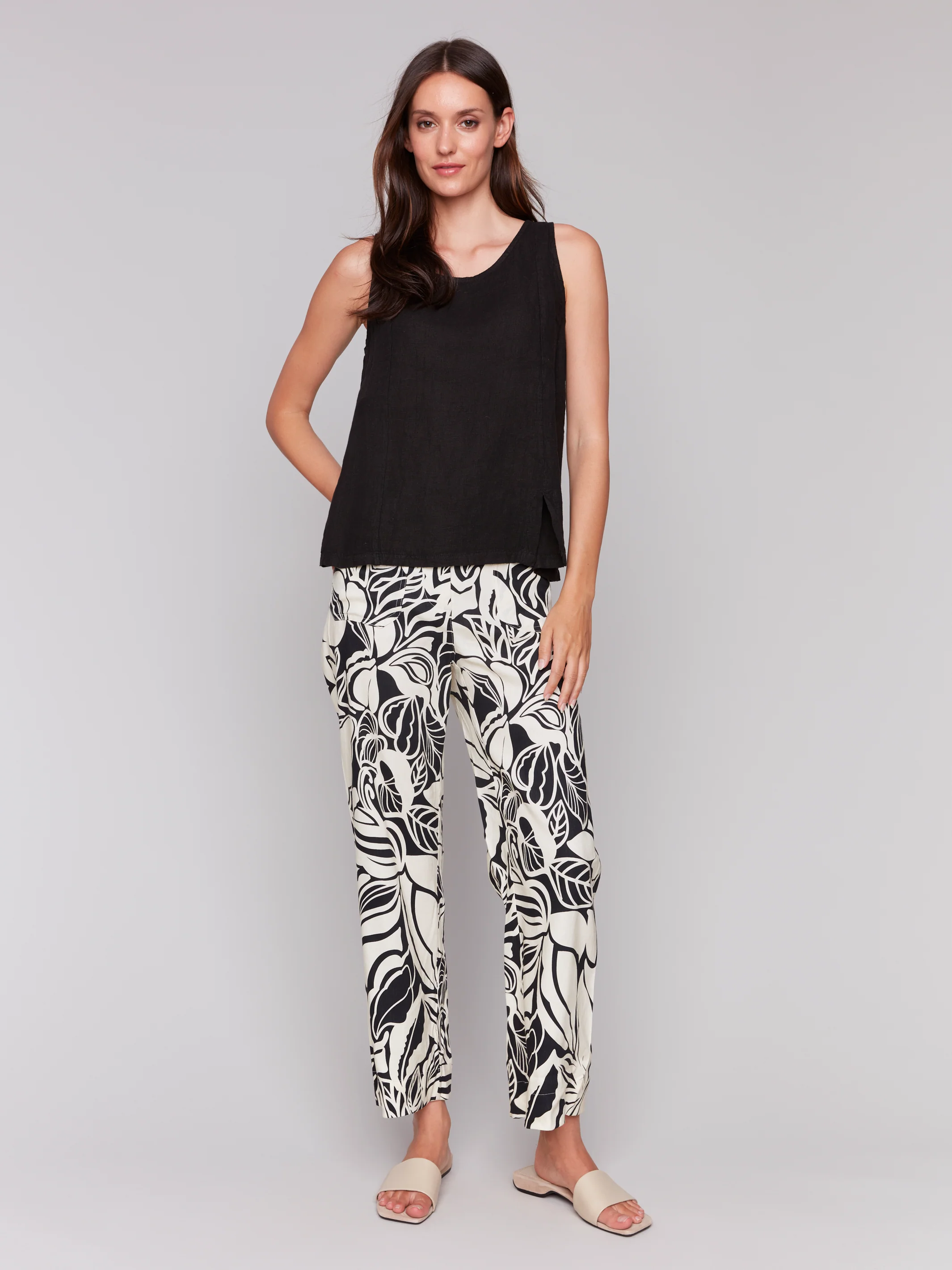 Charlie B -C4543R-001-Solid Sleeveless Linen Top W/Slits-Black
