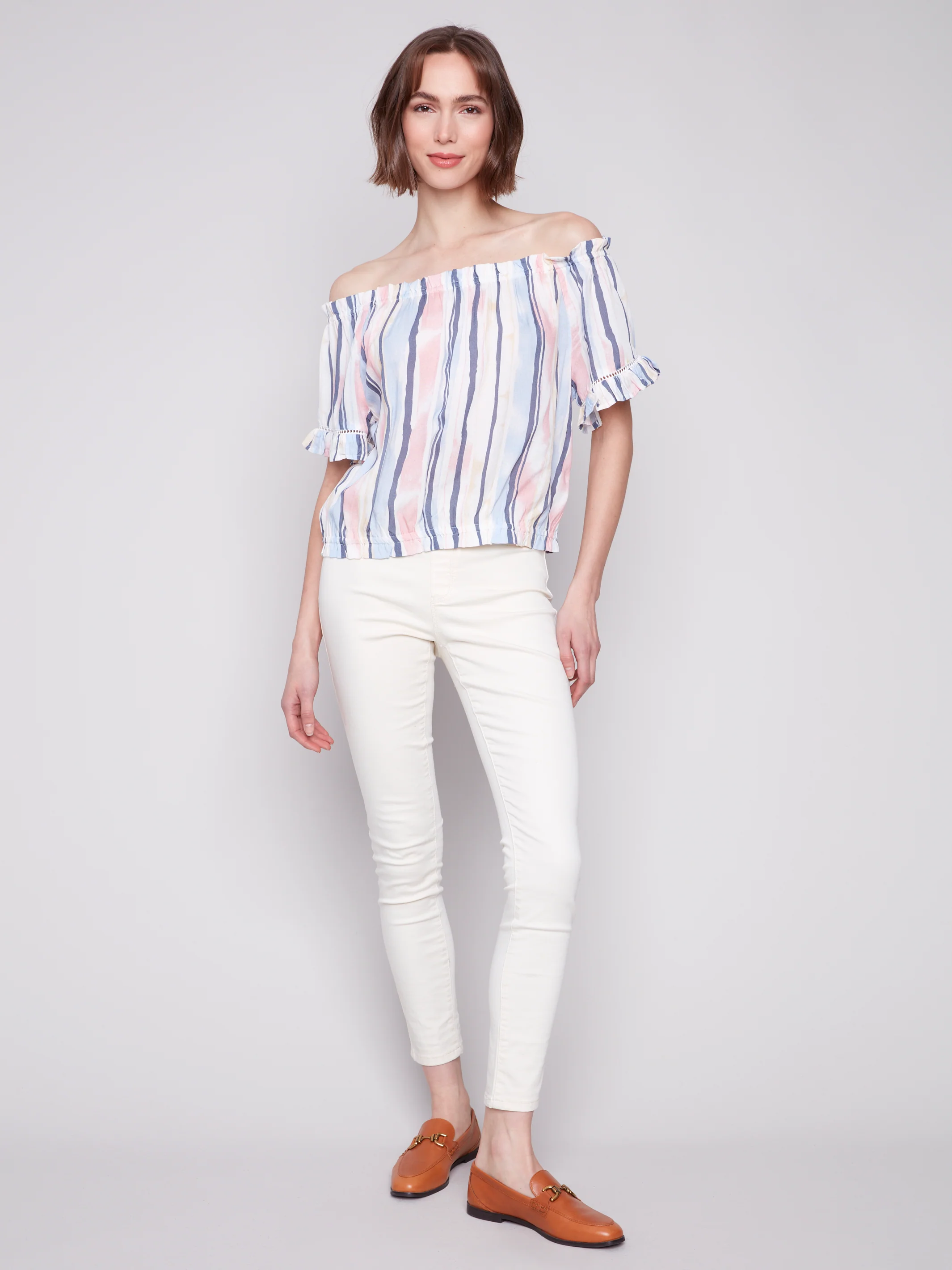 Charlie B -C4554P-P194-Printed Short Sleeves Peasant Blouse-Nautical