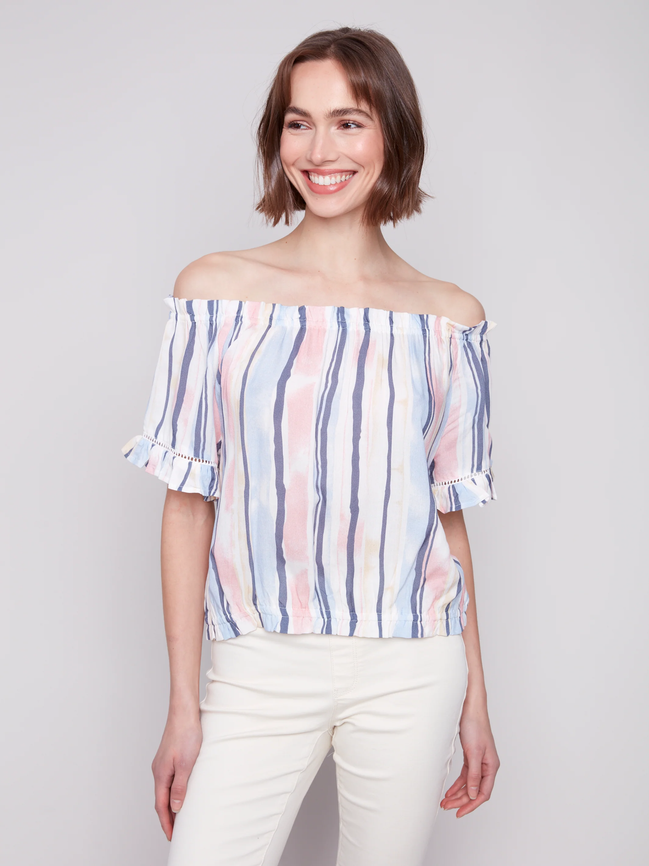 Charlie B -C4554P-P194-Printed Short Sleeves Peasant Blouse-Nautical - Image 4