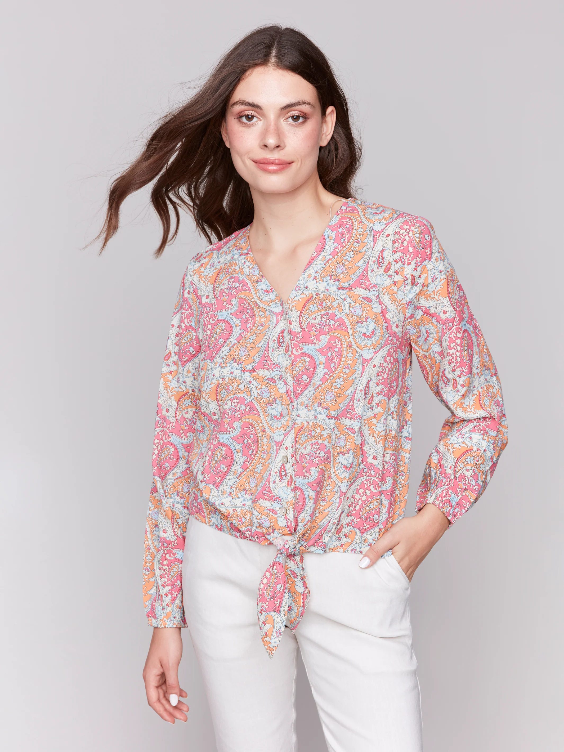Charlie B -C4564P-P622-Long Sleeve Blouse W/Front Tie-Paisley - Image 3