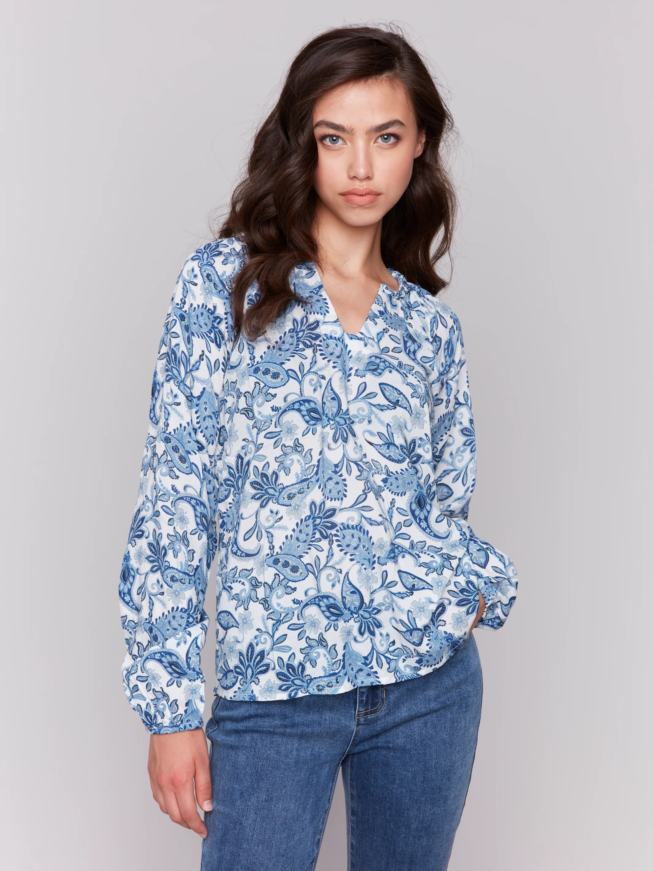 Charlie B -C4570D-P068-Printed Raglan Long Sleeves Popover Blouse-Azure - Image 3