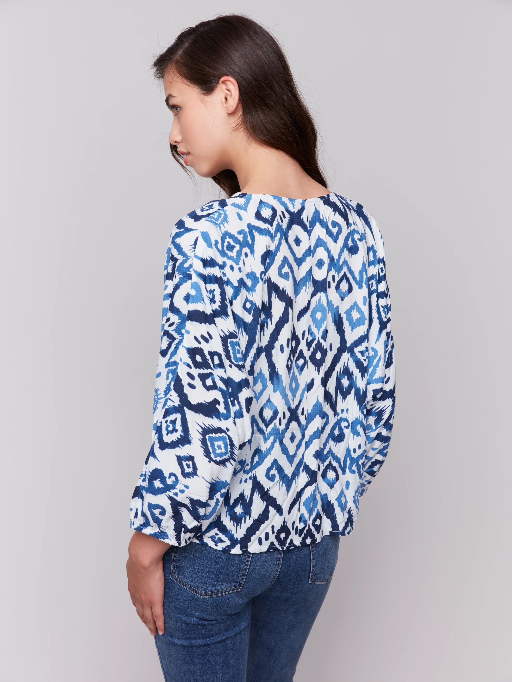 Charlie B -C4579P-P630-Printed Bat Sleeves Popover Blouse W/Front Ties-Ikat - Image 4
