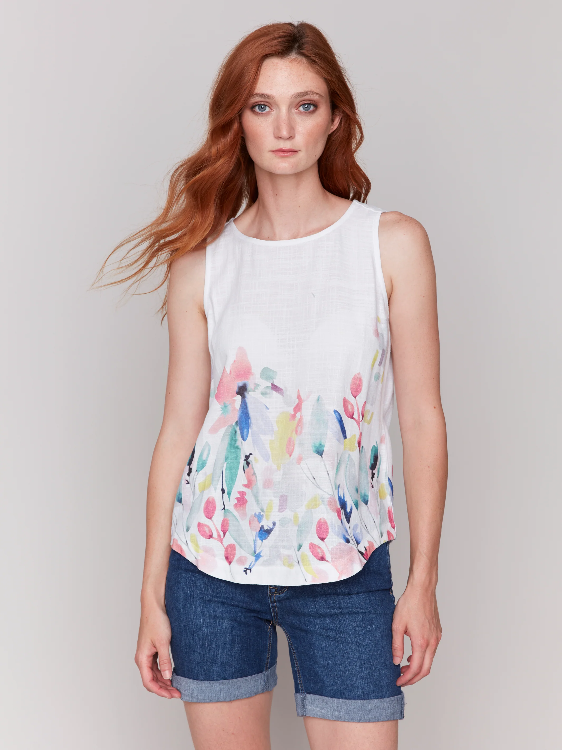 Charlie B -C4588B-787A-Border Print Sleeveless Crew Neck Woven Top-Dream - Image 2
