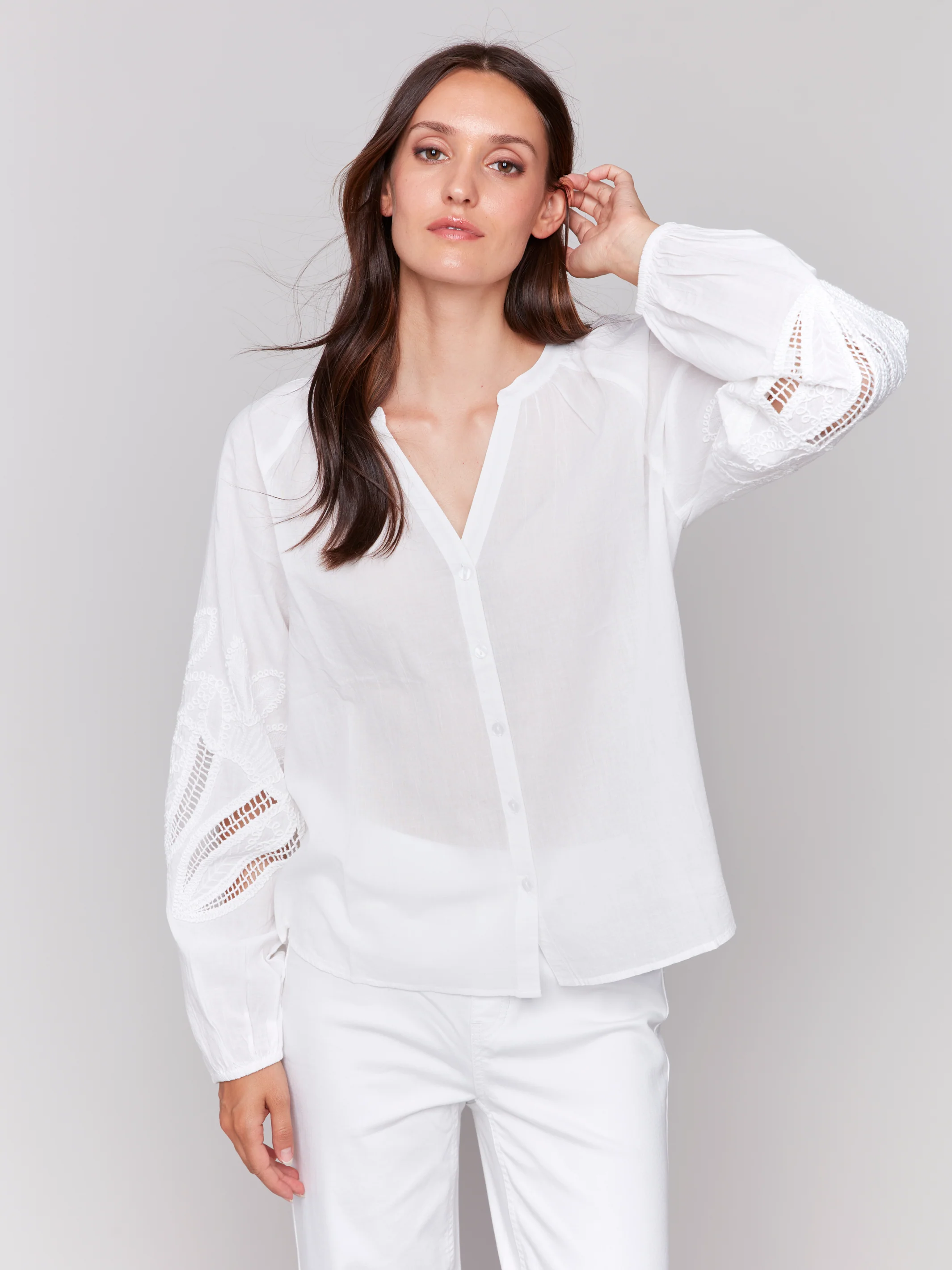 Charlie B -C4600E-002-Raglan Long Sleeves Blouse W/Embroidery-White - Image 2