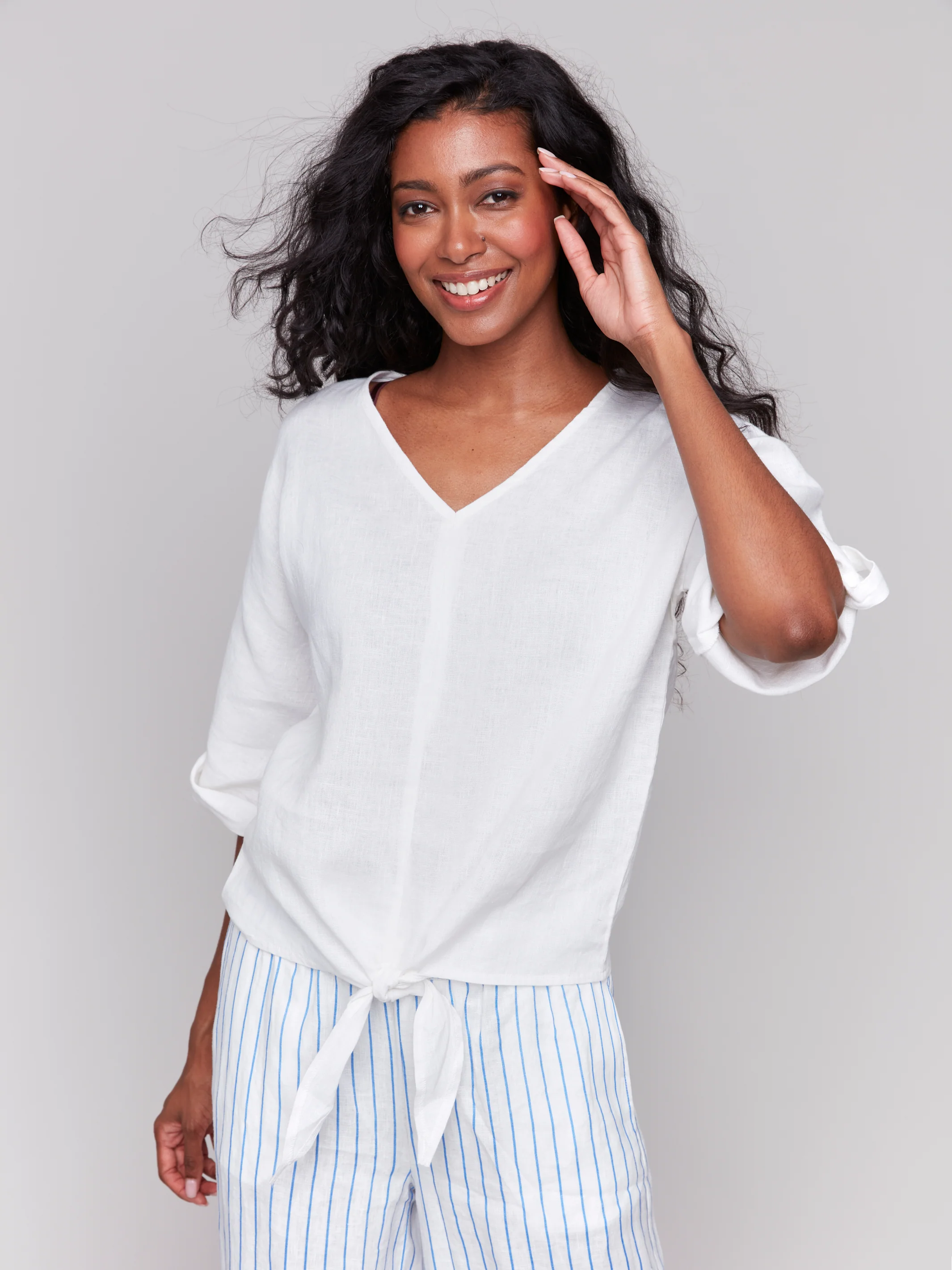 Charlie B -C4603-002-3/4 Roll Up Sleeve W/Front Tie-White - Image 3