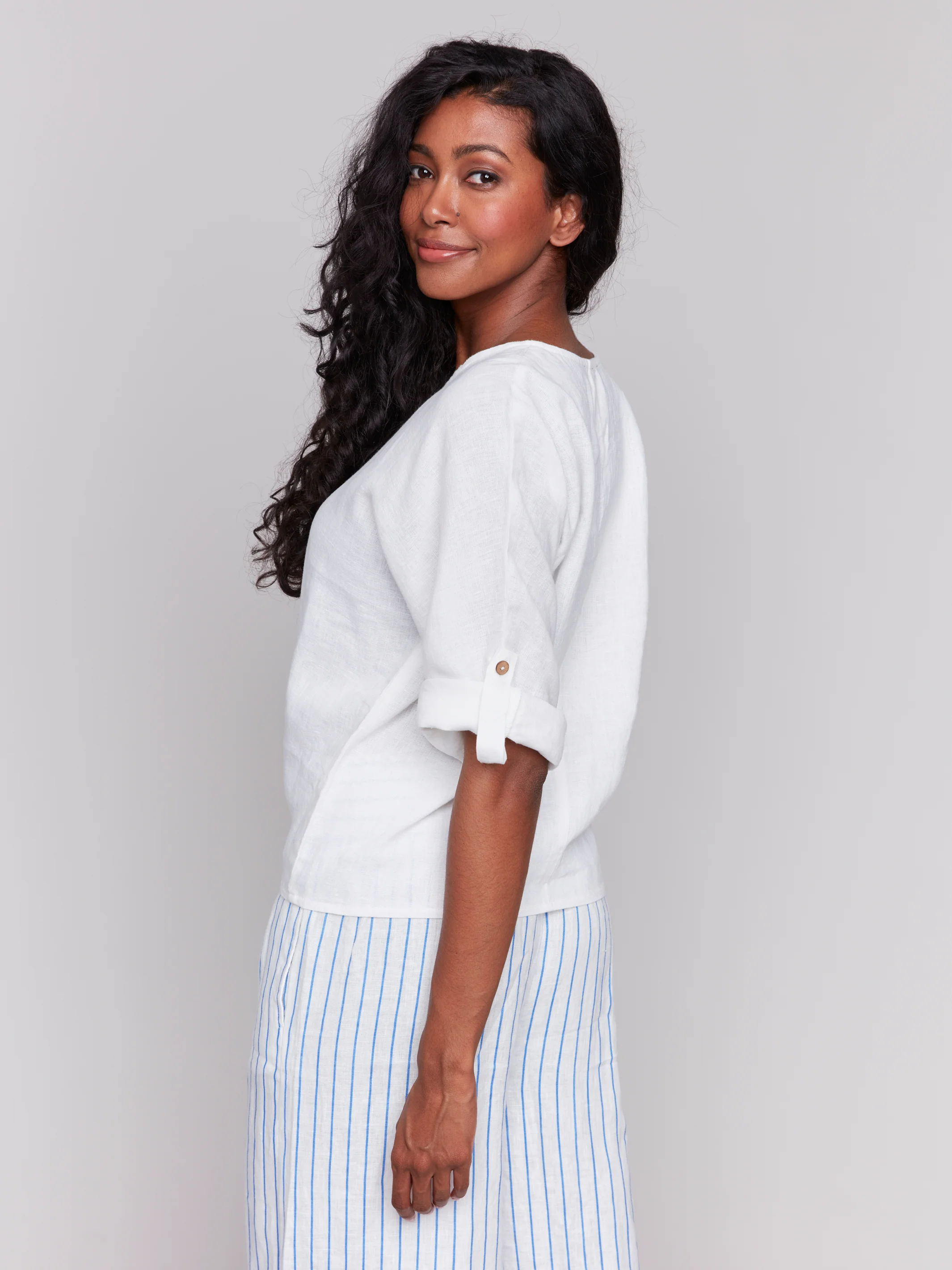 Charlie B -C4603-002-3/4 Roll Up Sleeve W/Front Tie-White - Image 4