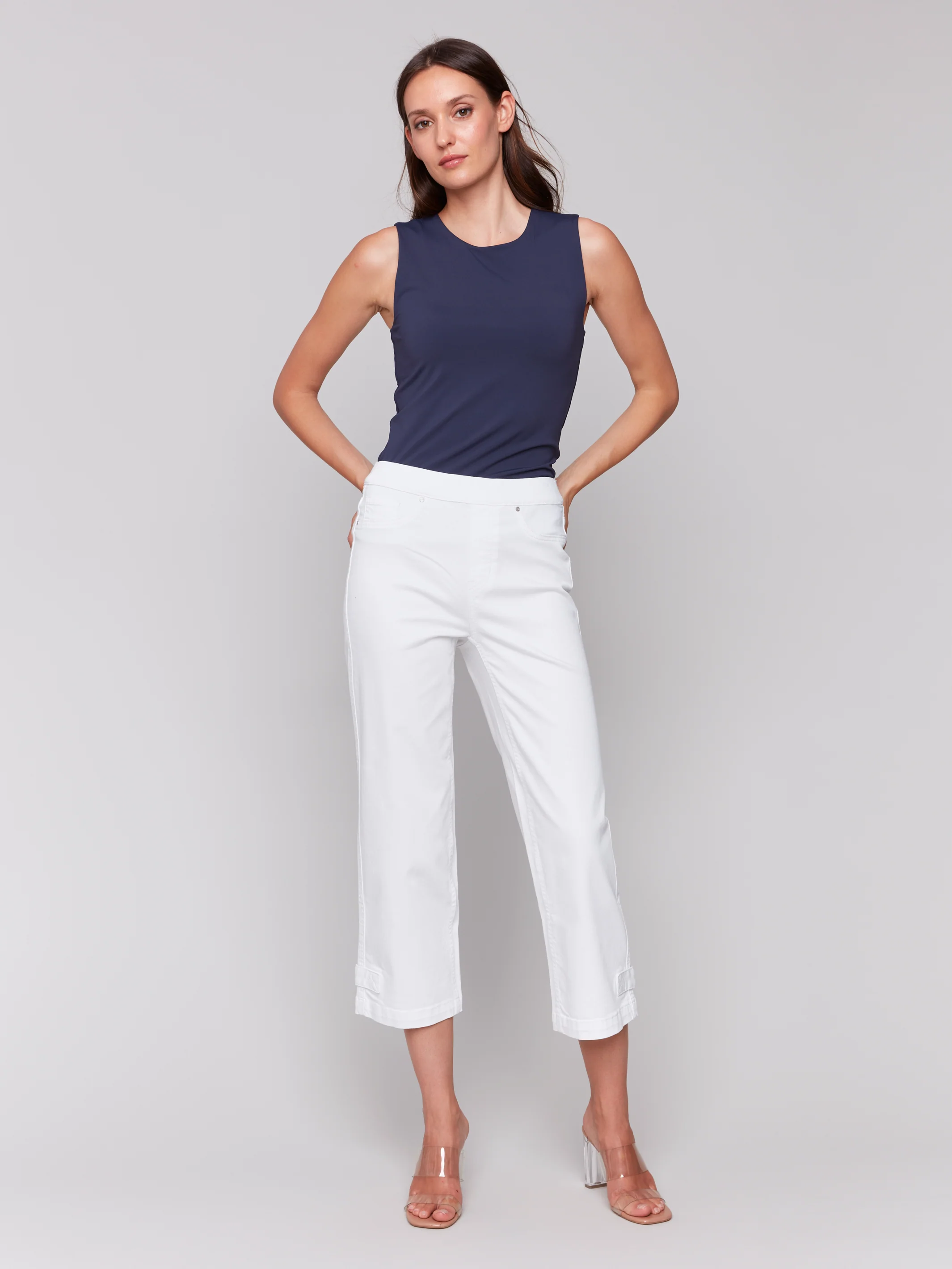 Charlie B -C5404RR-002-Cropped Pull On Twill Pants W/Hem Tab-White