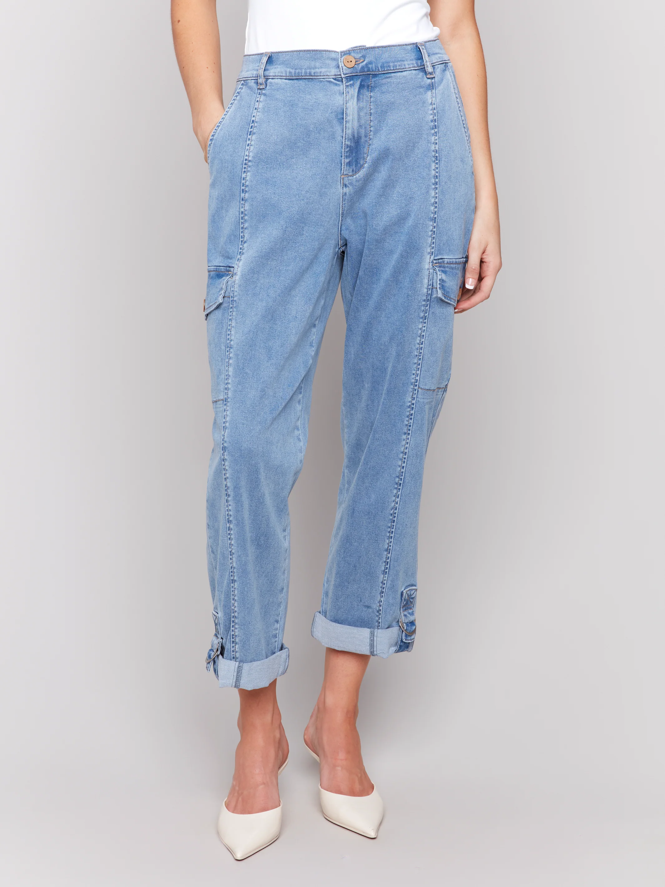 Charlie B -C5492R-198-Stretch Tencel Cargo Pants-Chambray - Image 3