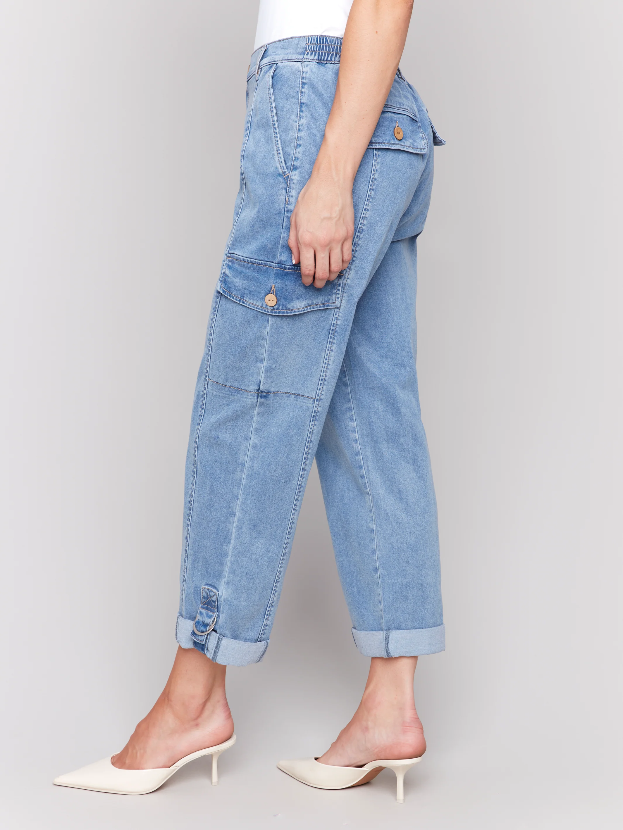 Charlie B -C5492R-198-Stretch Tencel Cargo Pants-Chambray - Image 4