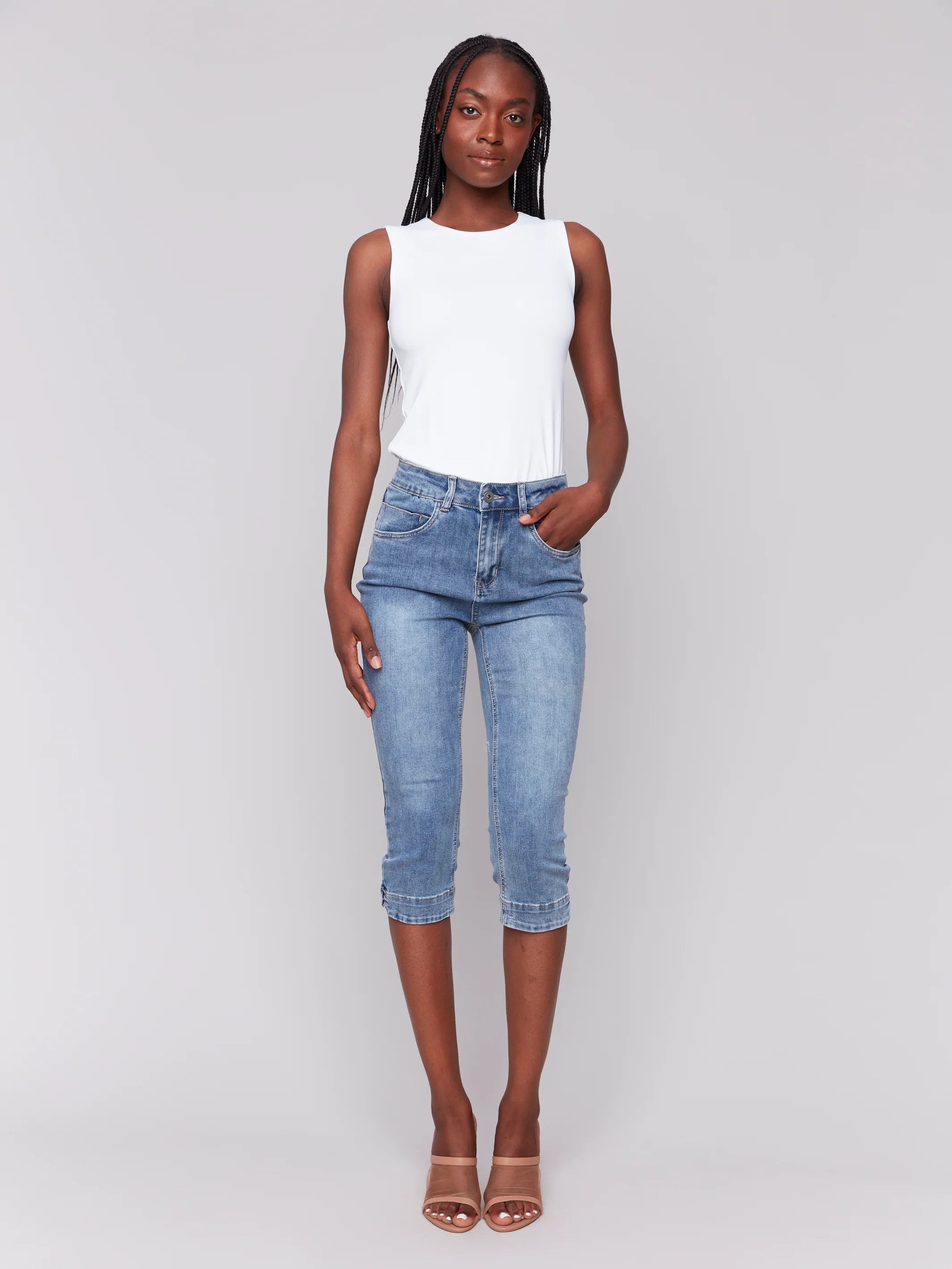 Charlie B -C5514R-156-Knee High Capri Denim Pant-Medium Blue - Image 2